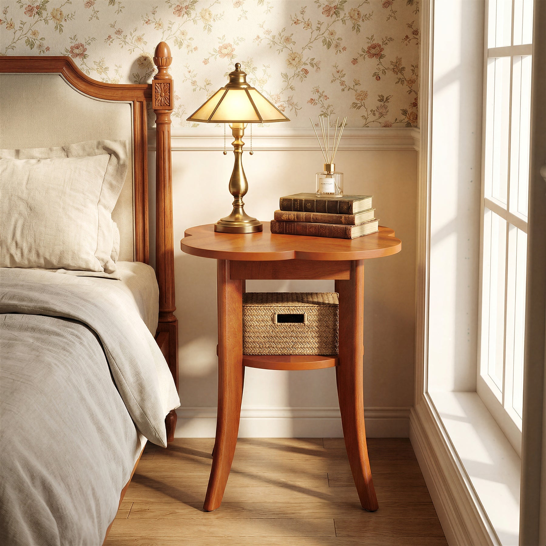 Solid Wood End Table, 2-Tier Sofa Side Table with Storage Shelf