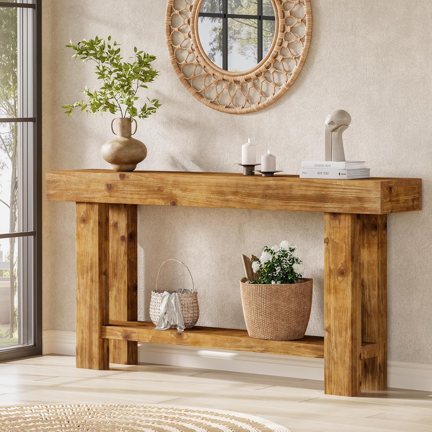 63" Solid Wood Console Table, 2-Tier Narrow Entryway Sofa Table