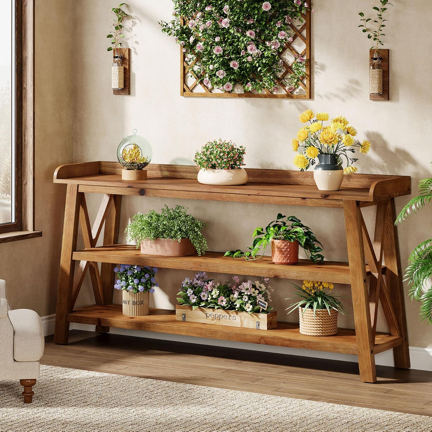 63” Solid Wood Console Table with 3-Tier Shelves, Farmhouse Sofa Table