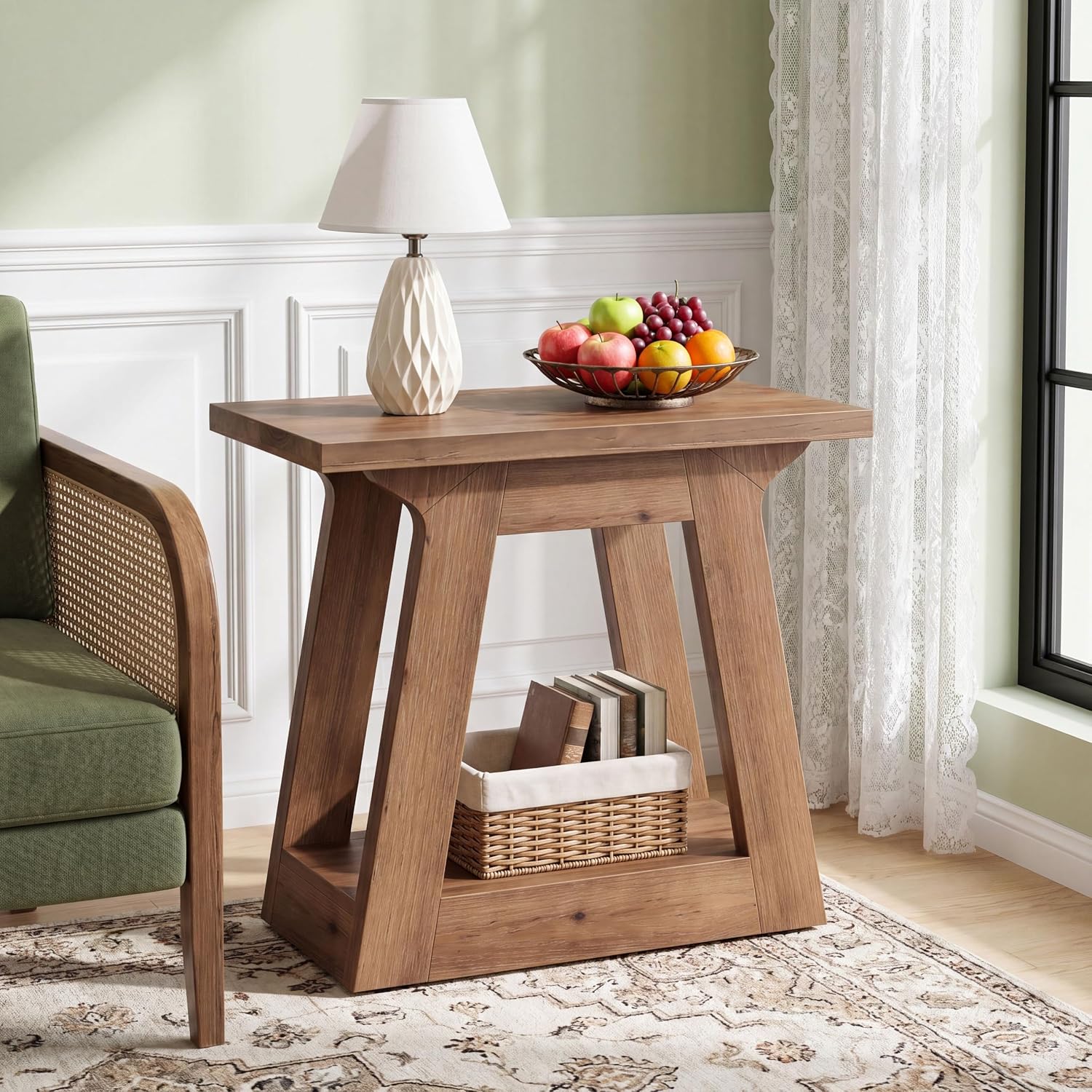 23.6" Solid Wood End Table, Farmhouse Side Table Nightstand for Living Room/ Bedroom