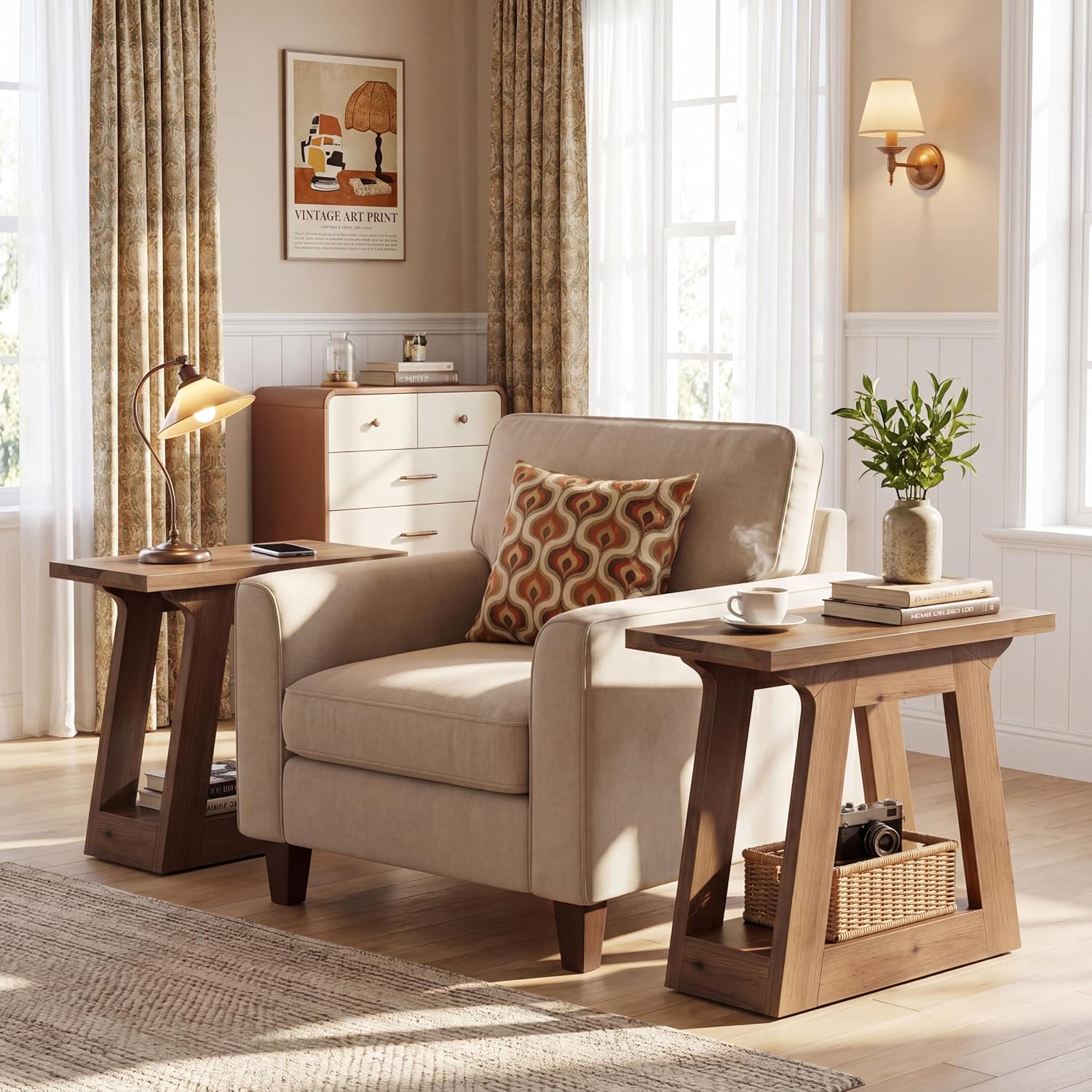 23.6" Solid Wood End Table, Farmhouse Side Table Nightstand for Living Room/ Bedroom