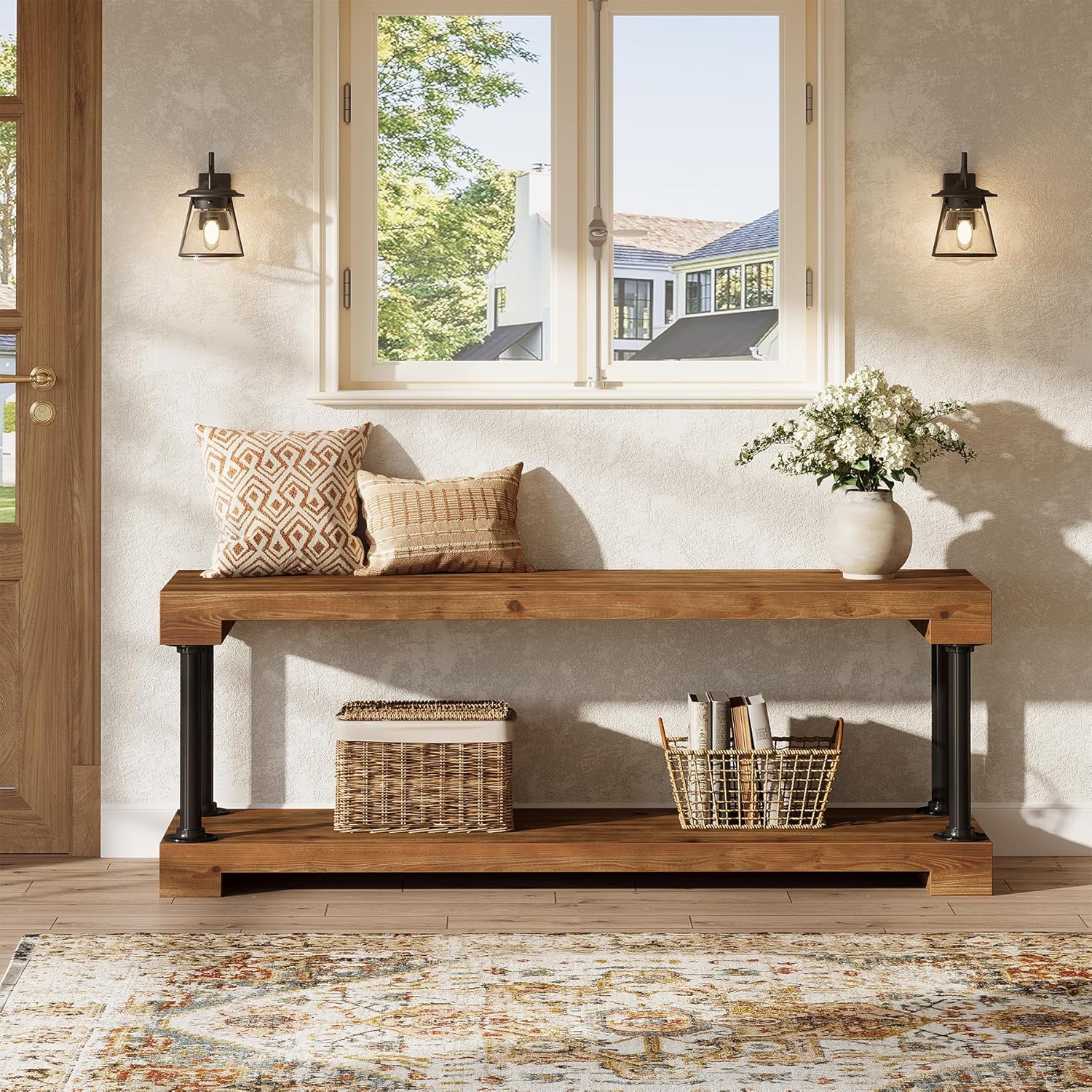 Tribesigns 63" Solid Wood Entryway Bench, Industrial Storage Bench with Shelf