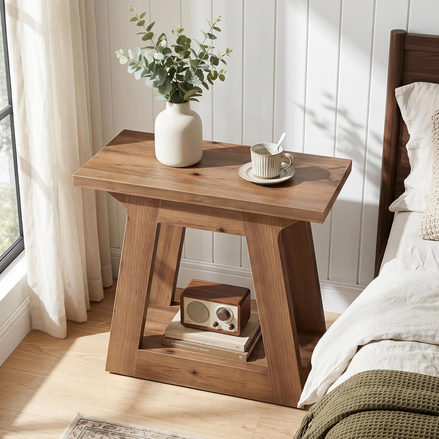23.6" Solid Wood End Table, Farmhouse Side Table Nightstand for Living Room/ Bedroom