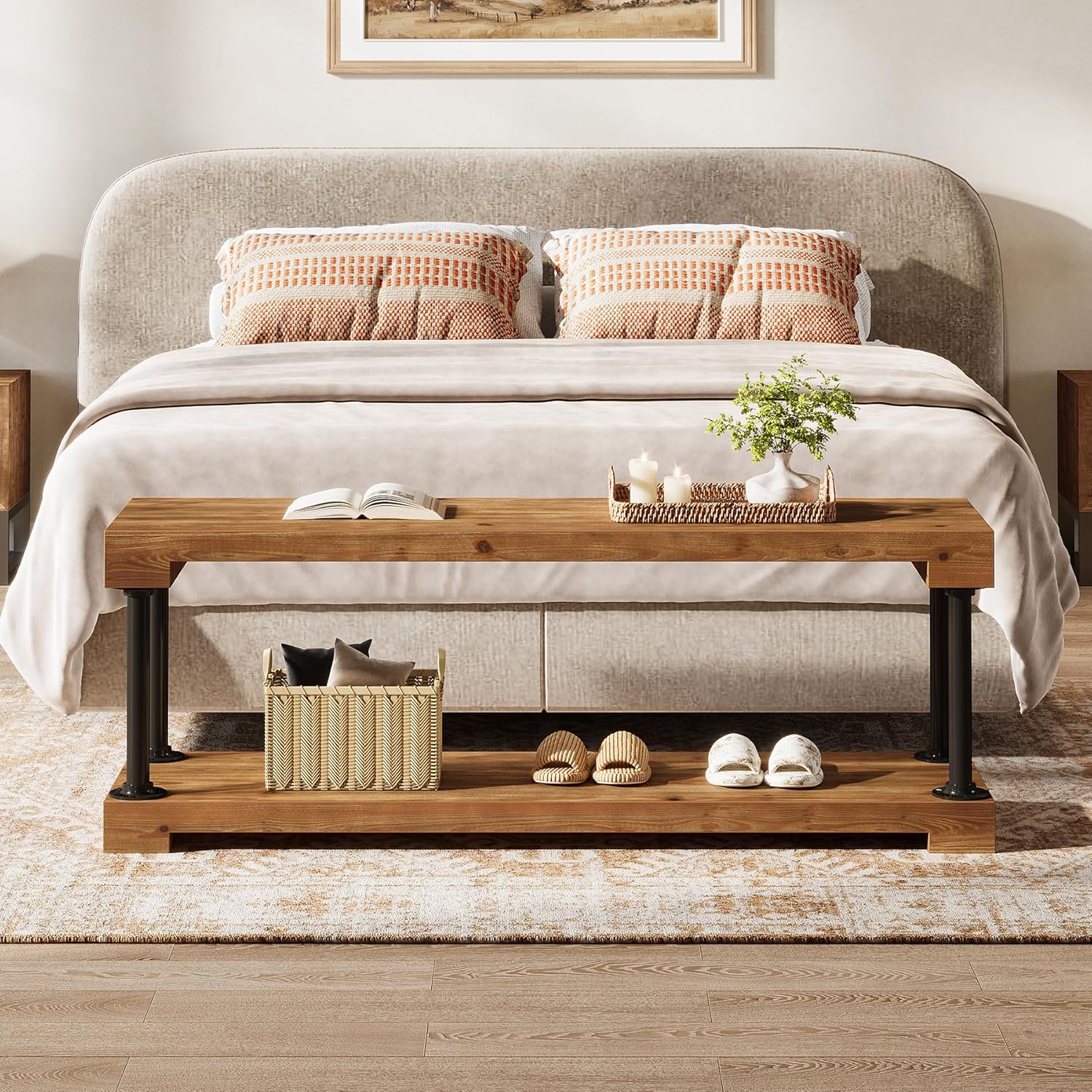 Tribesigns 63" Solid Wood Entryway Bench, Industrial Storage Bench with Shelf