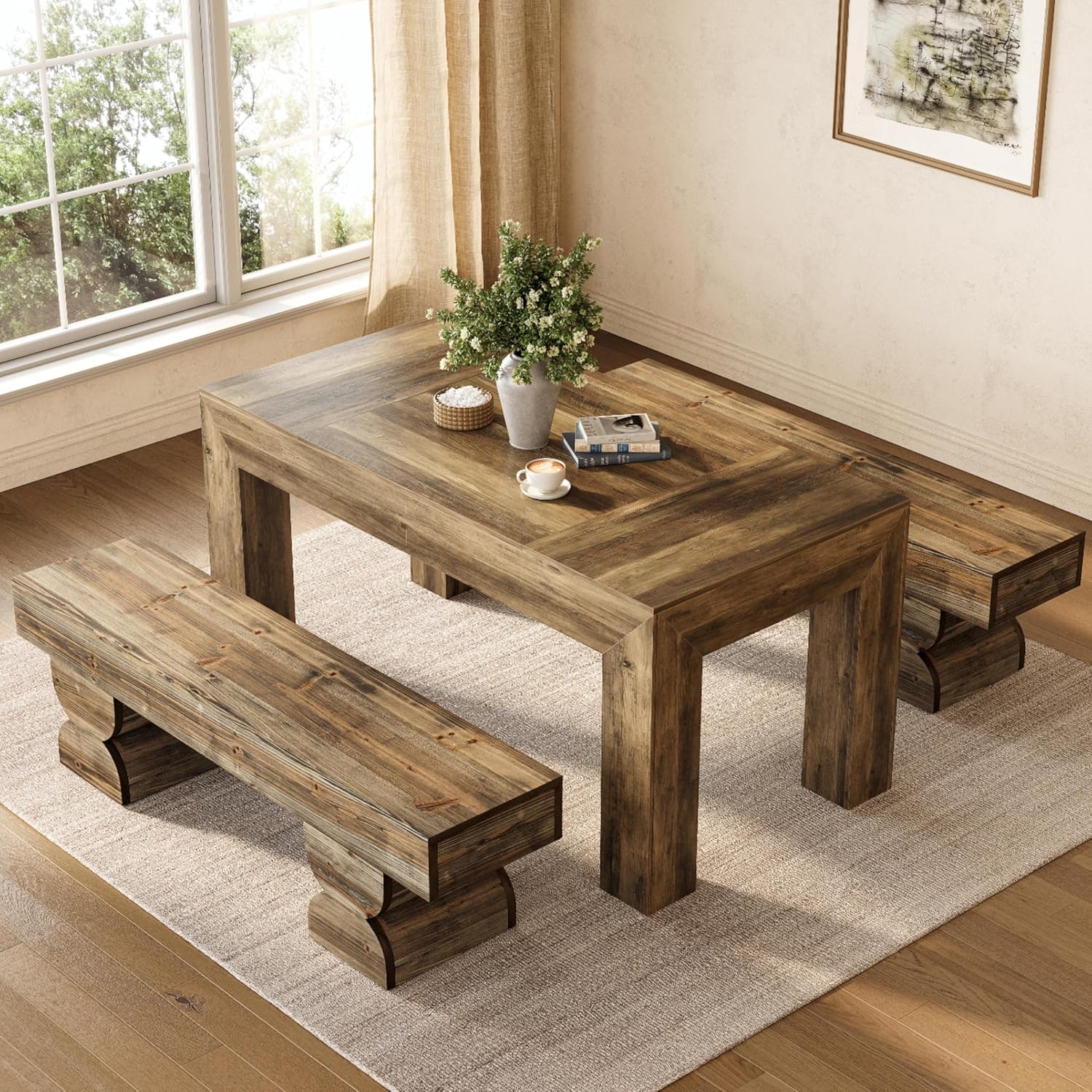 59" Dining Bench, Wood Kitchen Stool with Sturdy Double Pedestal