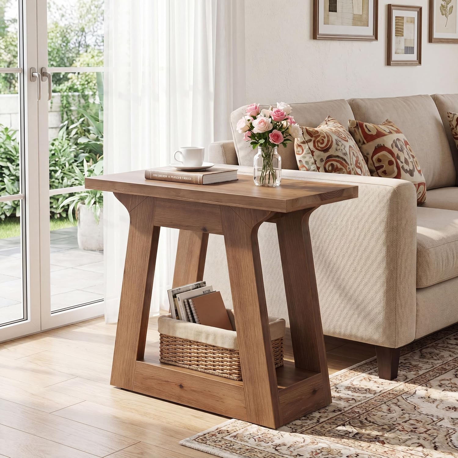 23.6" Solid Wood End Table, Farmhouse Side Table Nightstand for Living Room/ Bedroom