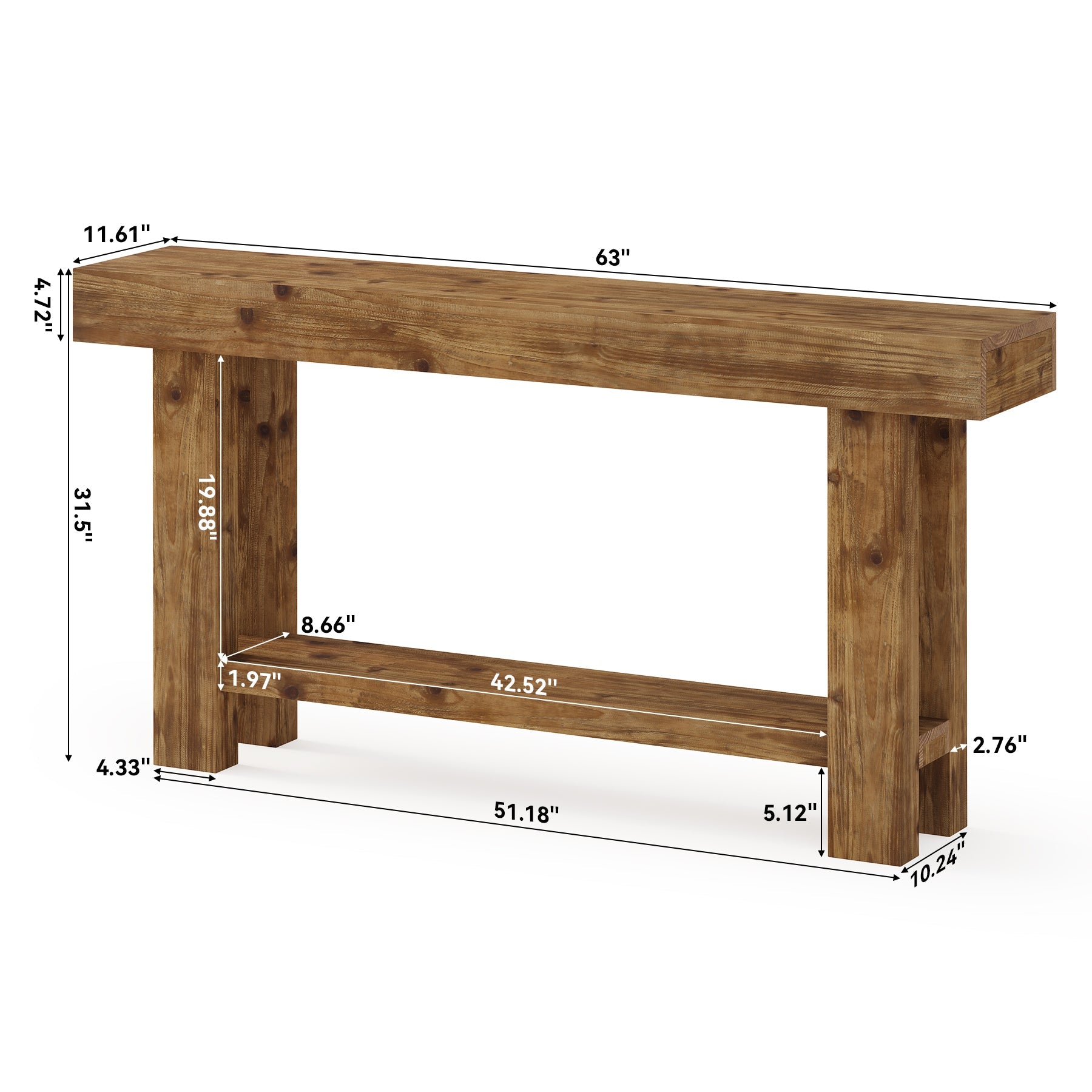 63" Solid Wood Console Table, 2-Tier Narrow Entryway Sofa Table