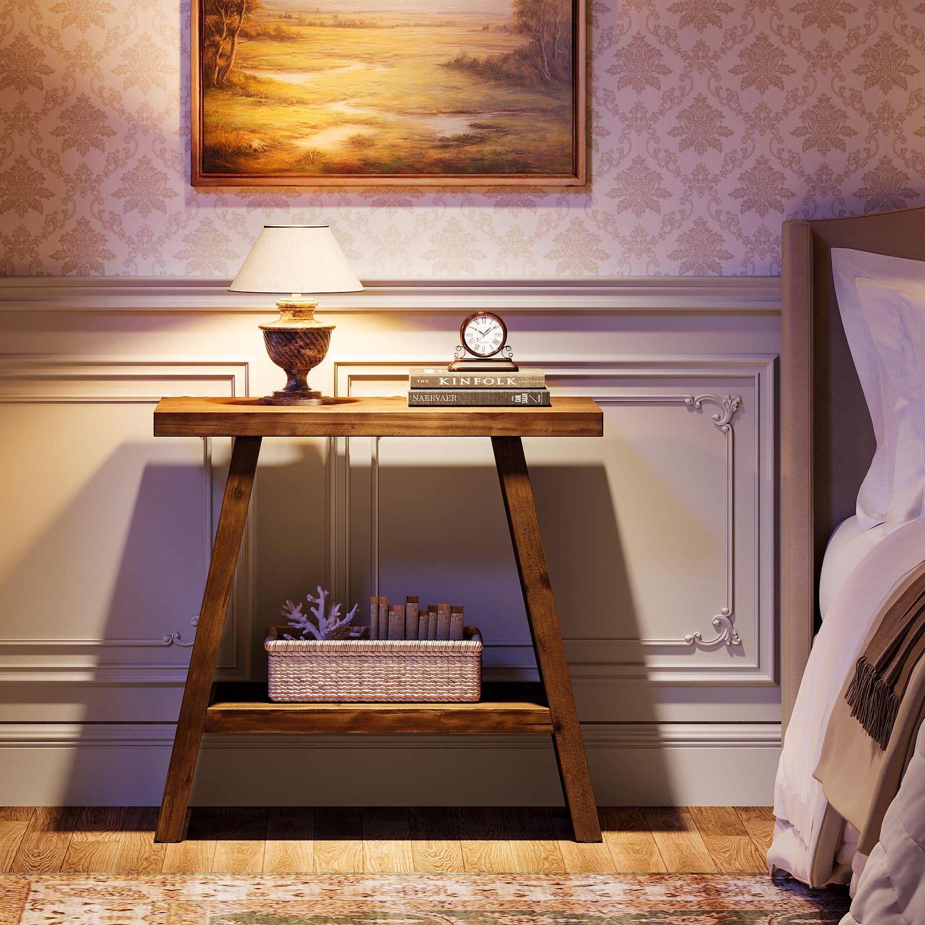 23.6" End Table, Solid Wood Small Side Table with 2-Tier Storage