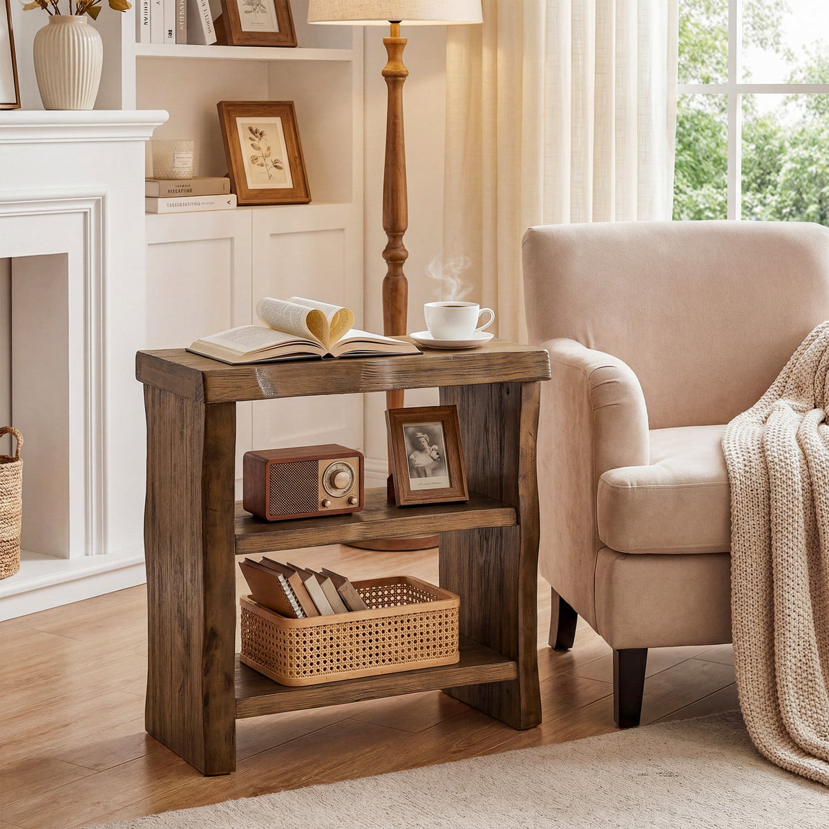 Tribesigns Solid Wood End Table, 3-Tier Live Edge Side Table for Bedroom