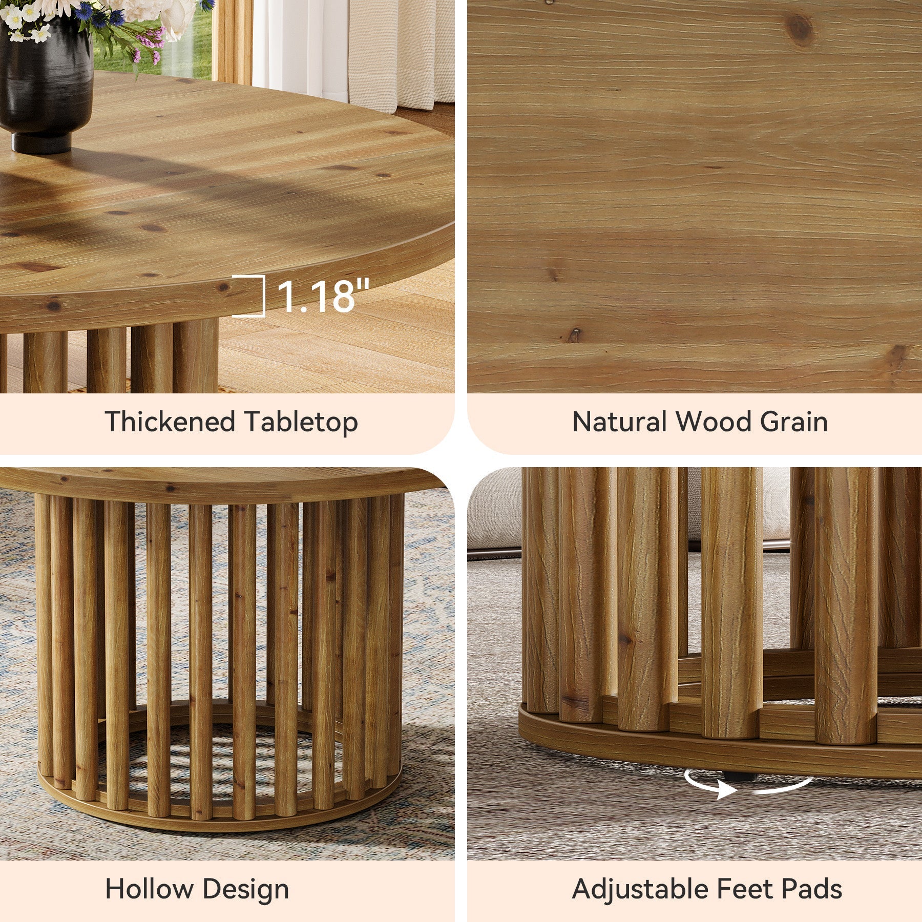 Solid Wood Round Coffee Table, 31.5" Center Tea Table with Cylindrical Hollow Base