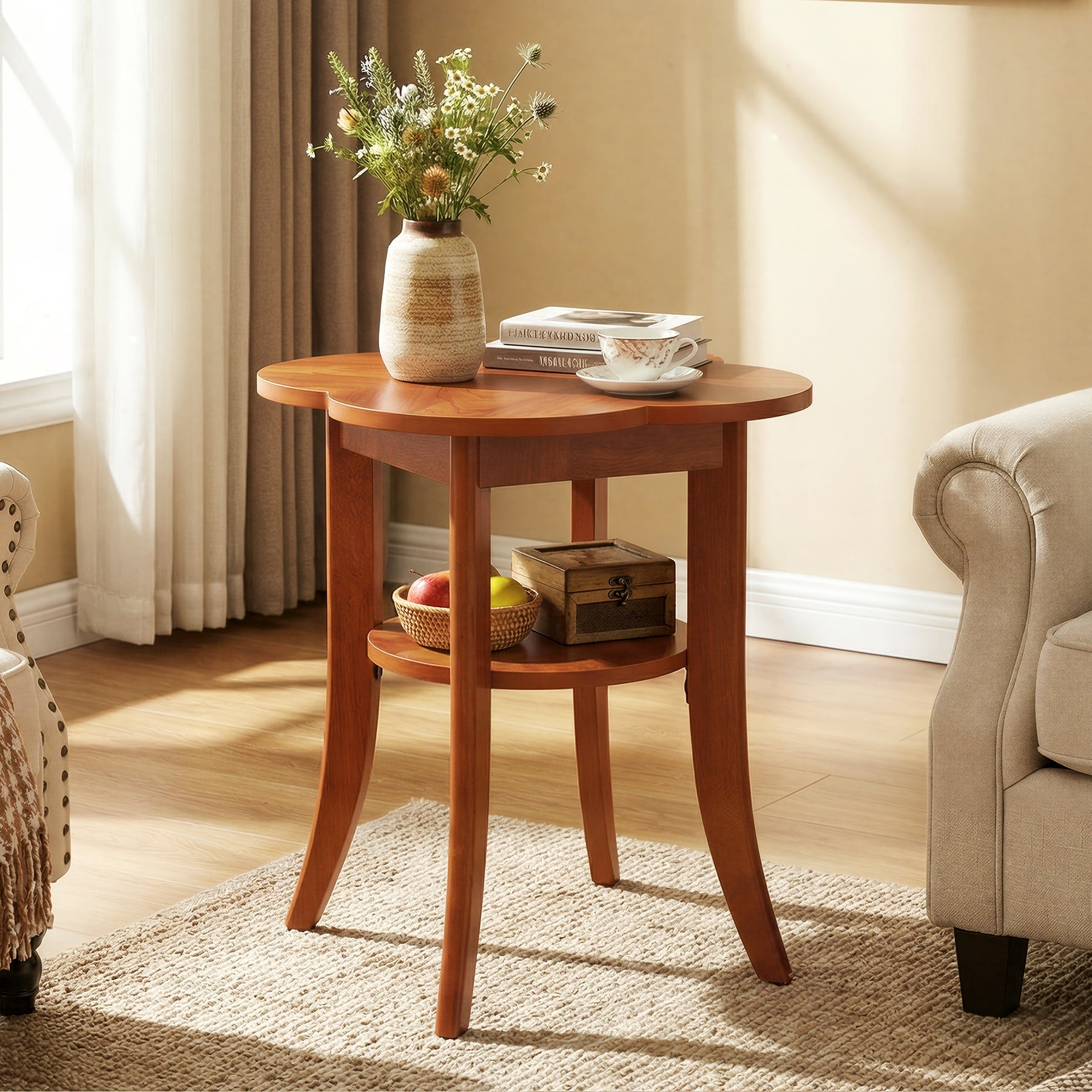Solid Wood End Table, 2-Tier Sofa Side Table with Storage Shelf