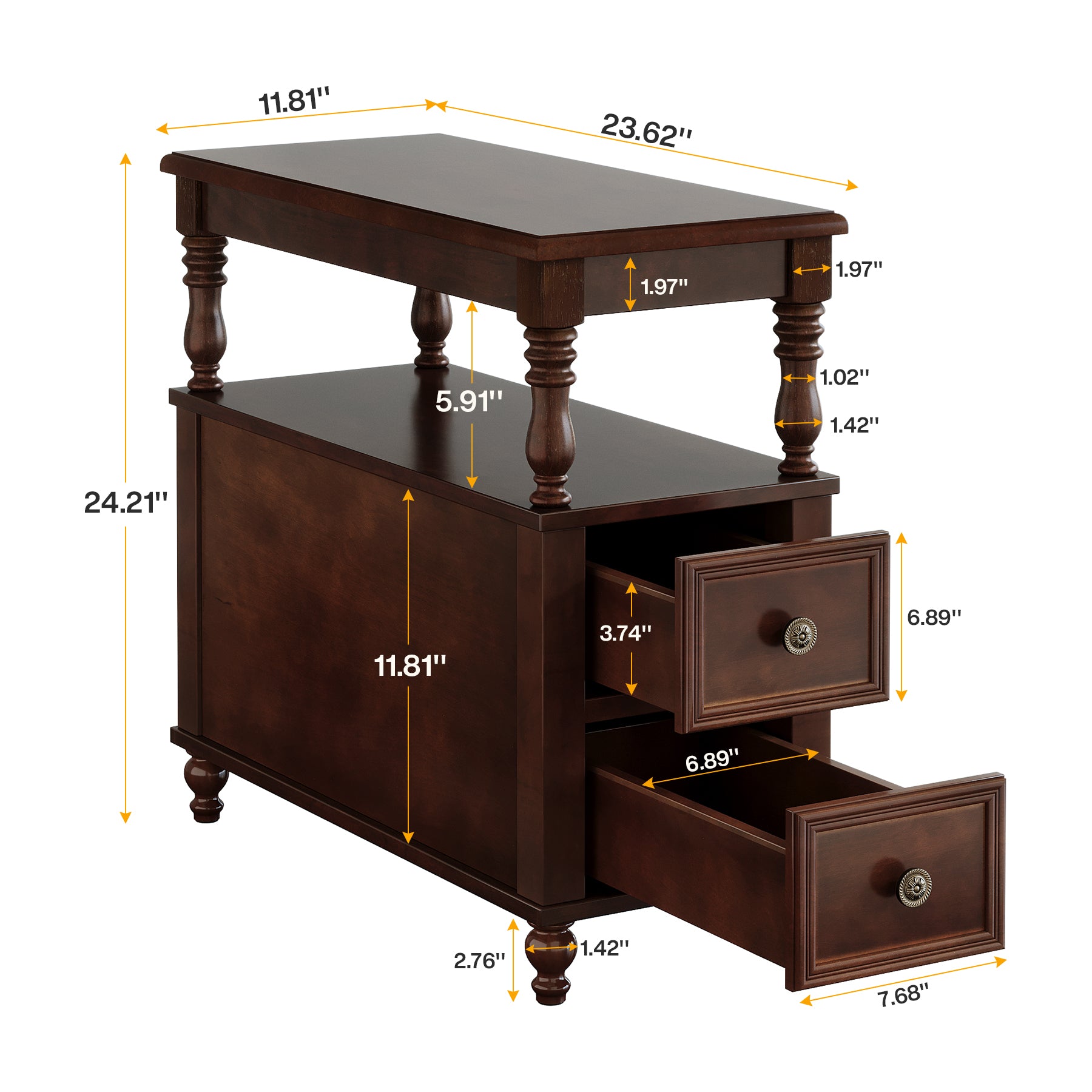 23.6" End Table, Solid Wood Accent Nightstand Bedside Table with Double Drawer