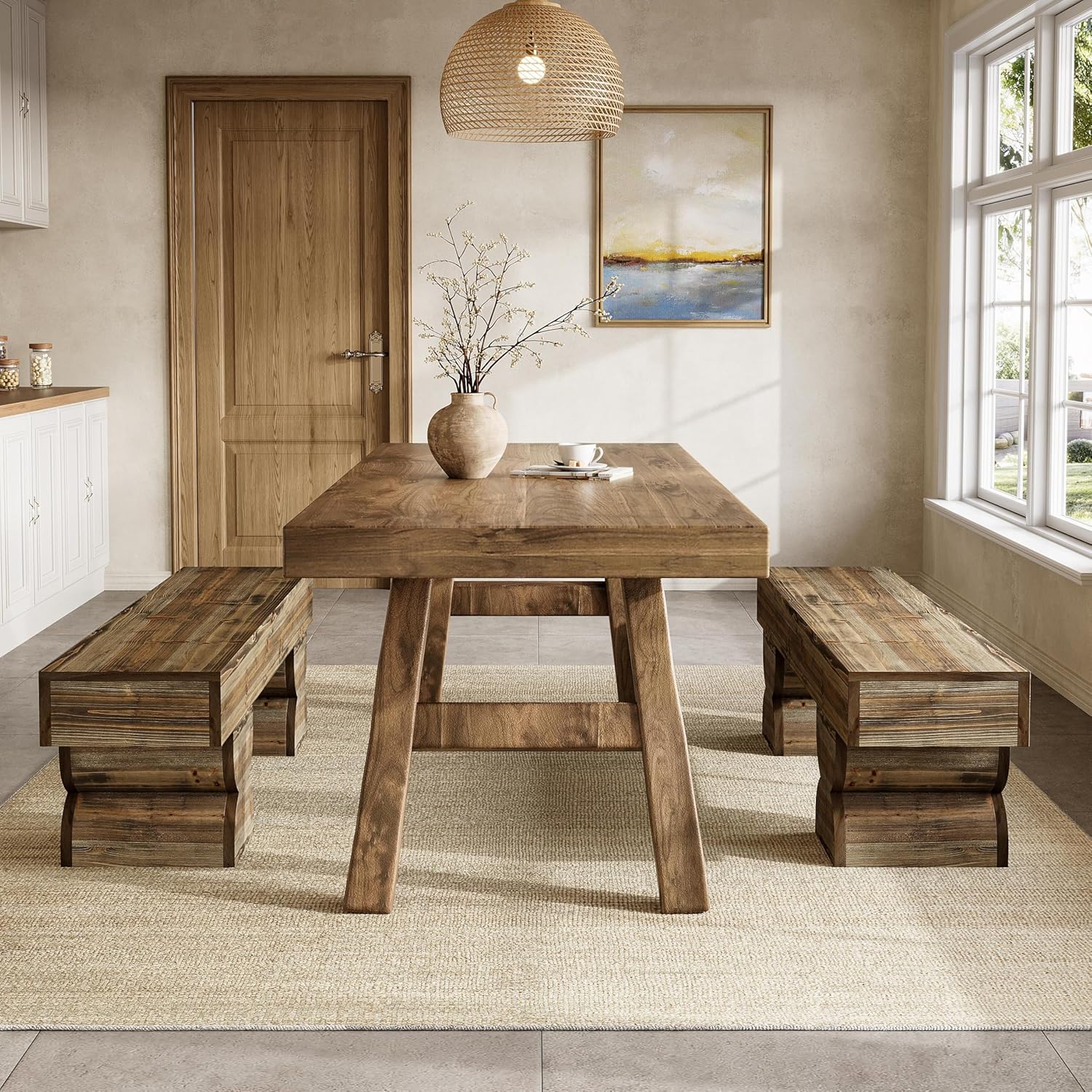 59" Dining Bench, Wood Kitchen Stool with Sturdy Double Pedestal