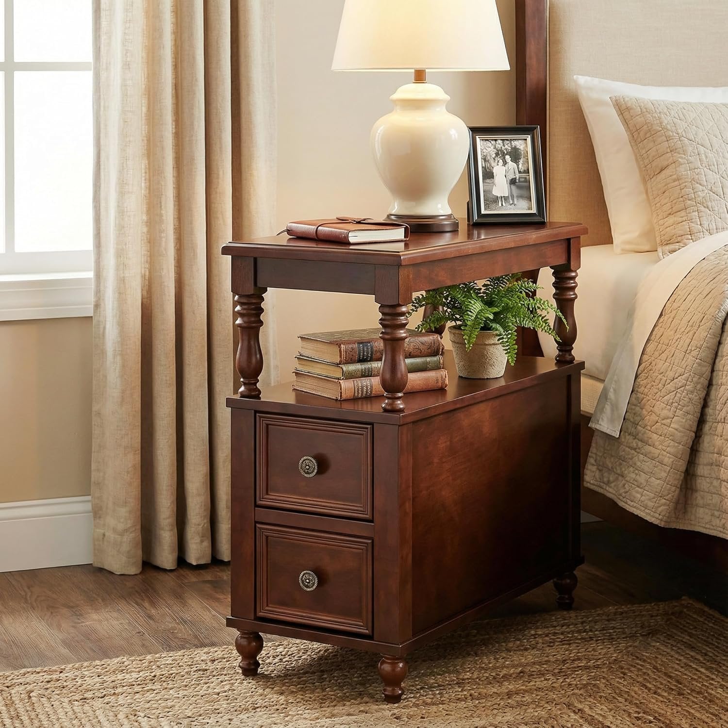 Solid Wood Nightstand with 2 Drawers, Bedside Table with Open Shelf