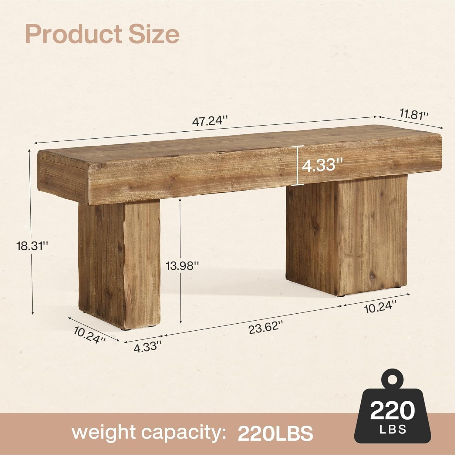 Solid Wood Bench, 47" Farmhouse Entryway Bench with Artistic Legs