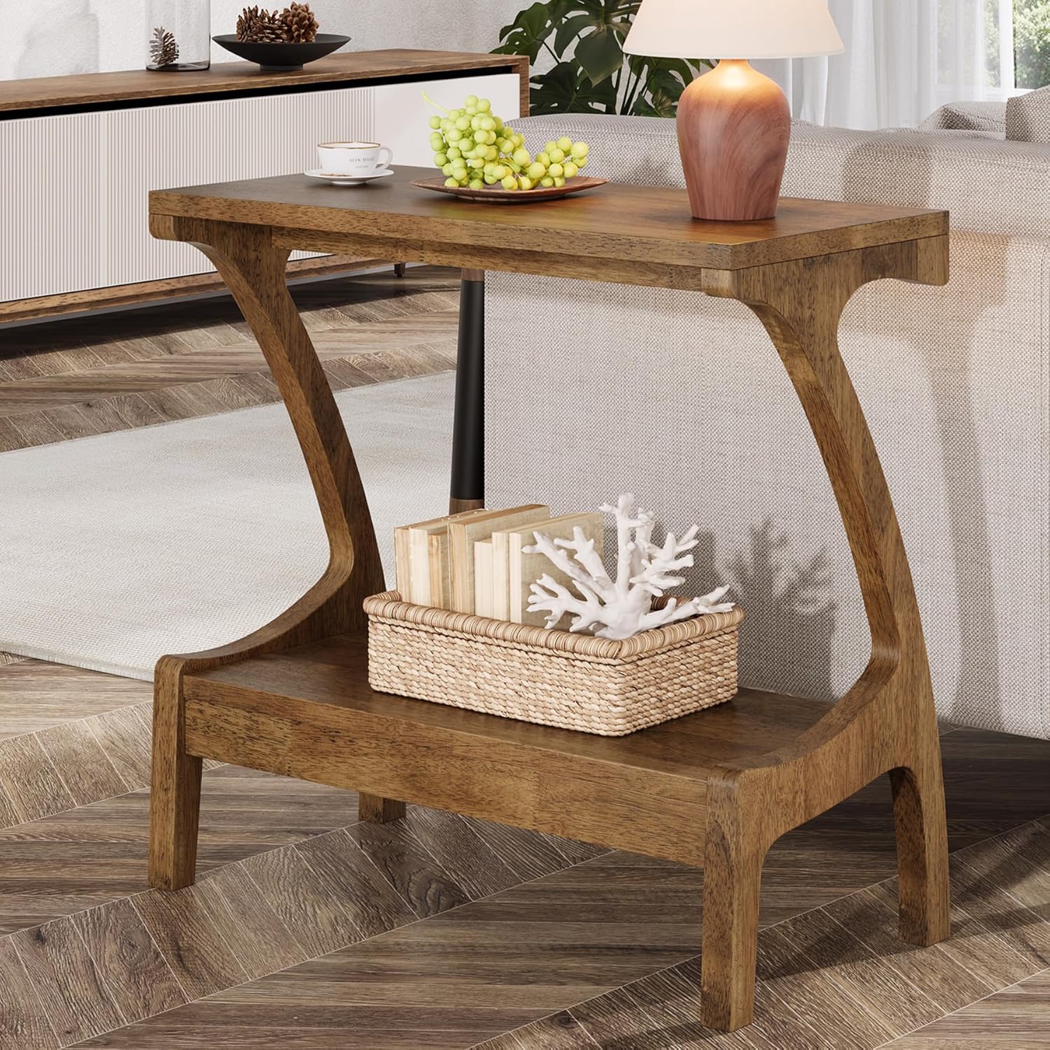 Solid Wood End Table, Narrow Side Table with 2-Tier Storage Shelf