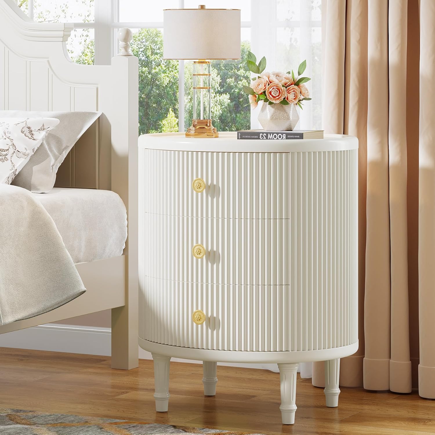 Modern Nightstand with 3 Drawers, Oval Bedside Table with Solid Wood Legs Tribesigns