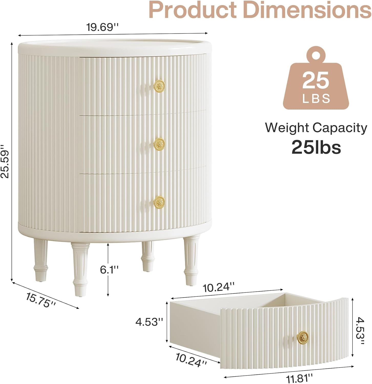 Modern Nightstand with 3 Drawers, Oval Bedside Table with Solid Wood Legs Tribesigns