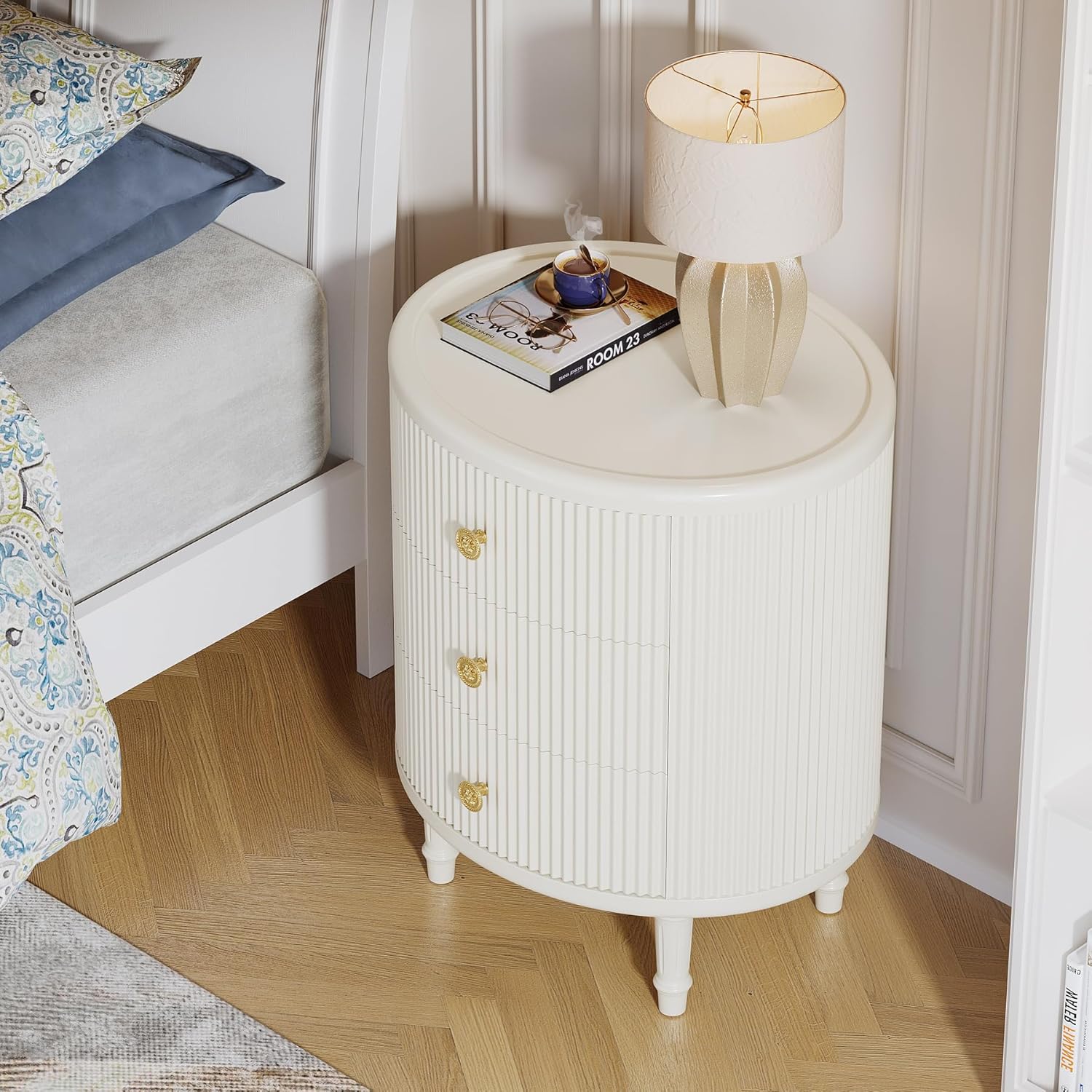 Modern Nightstand with 3 Drawers, Oval Bedside Table with Solid Wood Legs Tribesigns