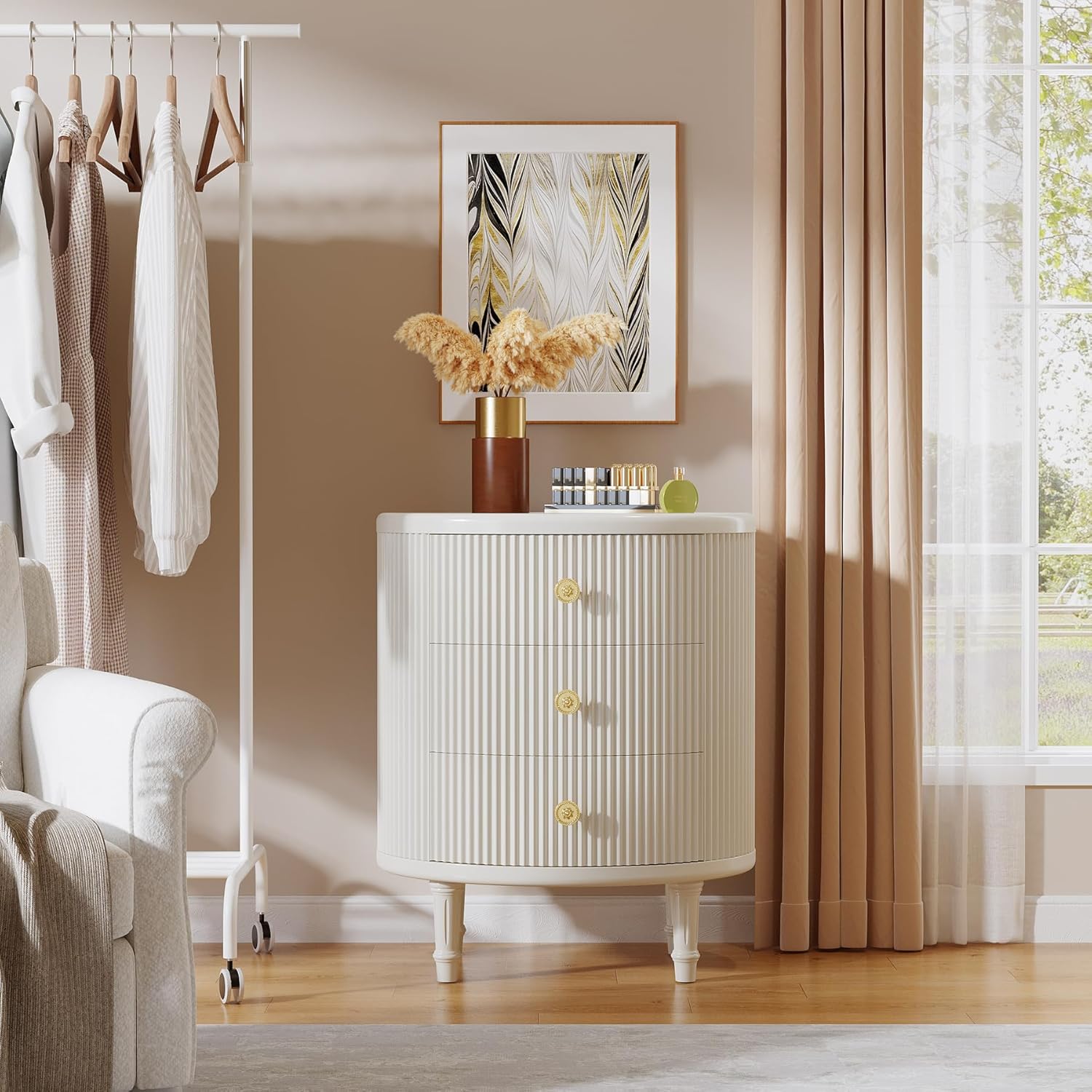 Modern Nightstand with 3 Drawers, Oval Bedside Table with Solid Wood Legs Tribesigns