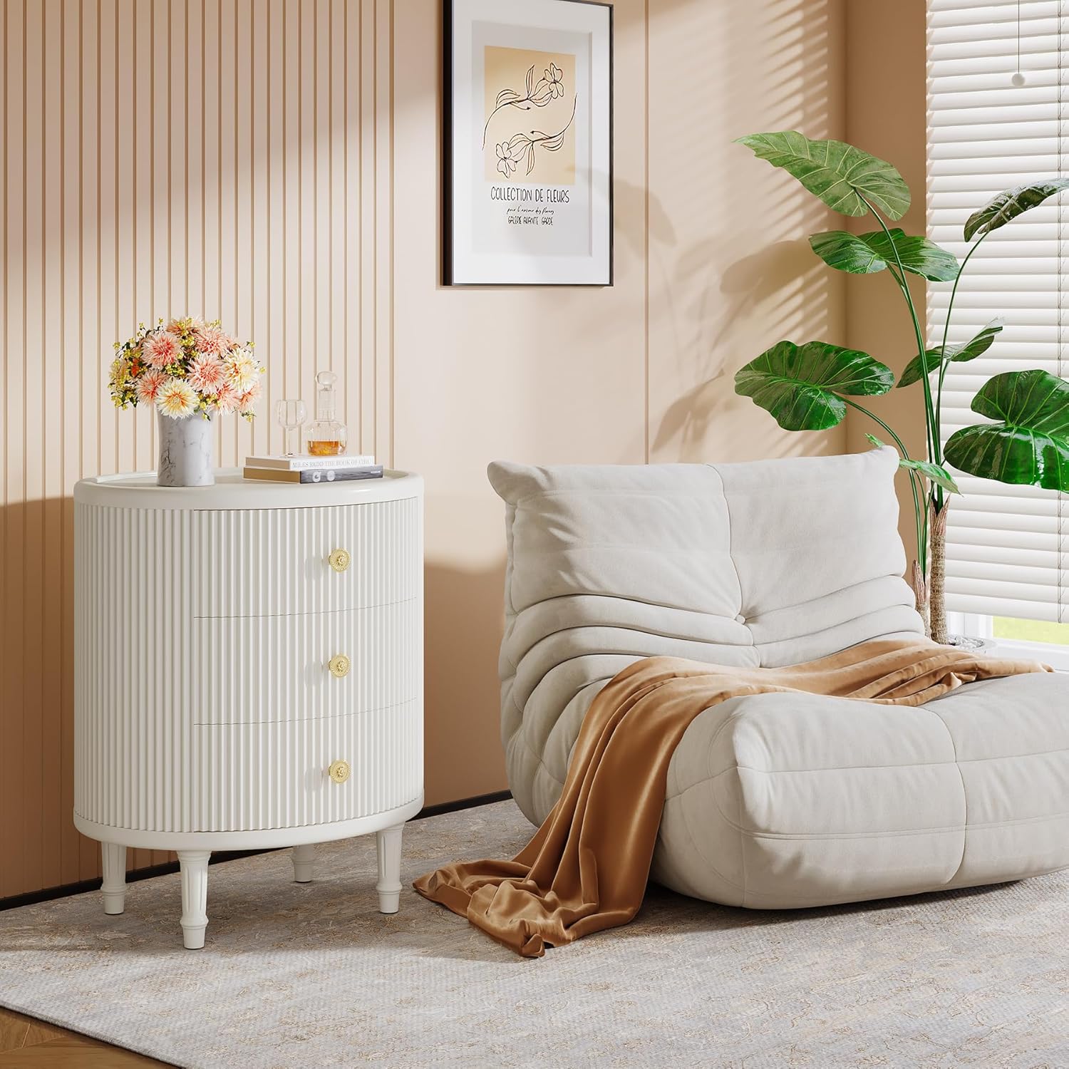 Modern Nightstand with 3 Drawers, Oval Bedside Table with Solid Wood Legs Tribesigns
