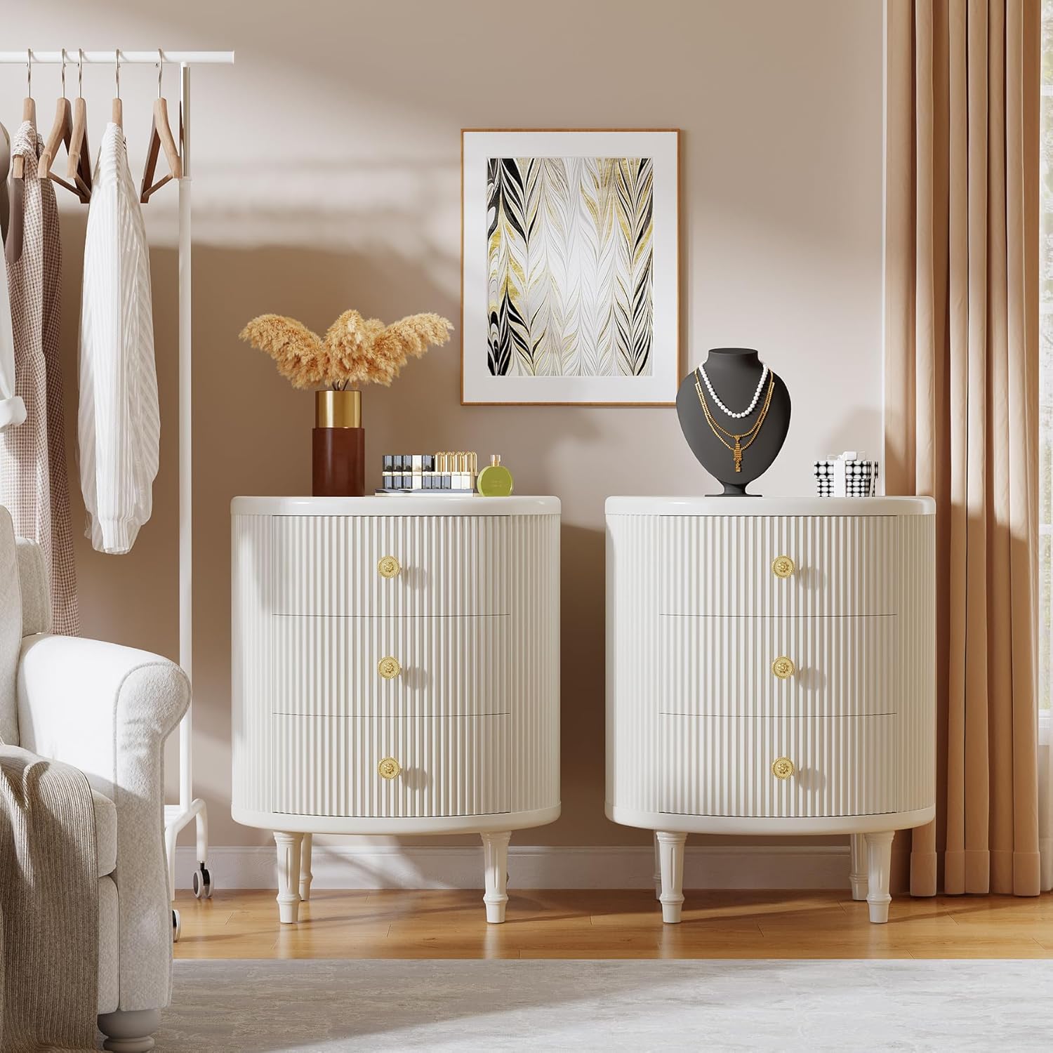 Modern Nightstand with 3 Drawers, Oval Bedside Table with Solid Wood Legs Tribesigns