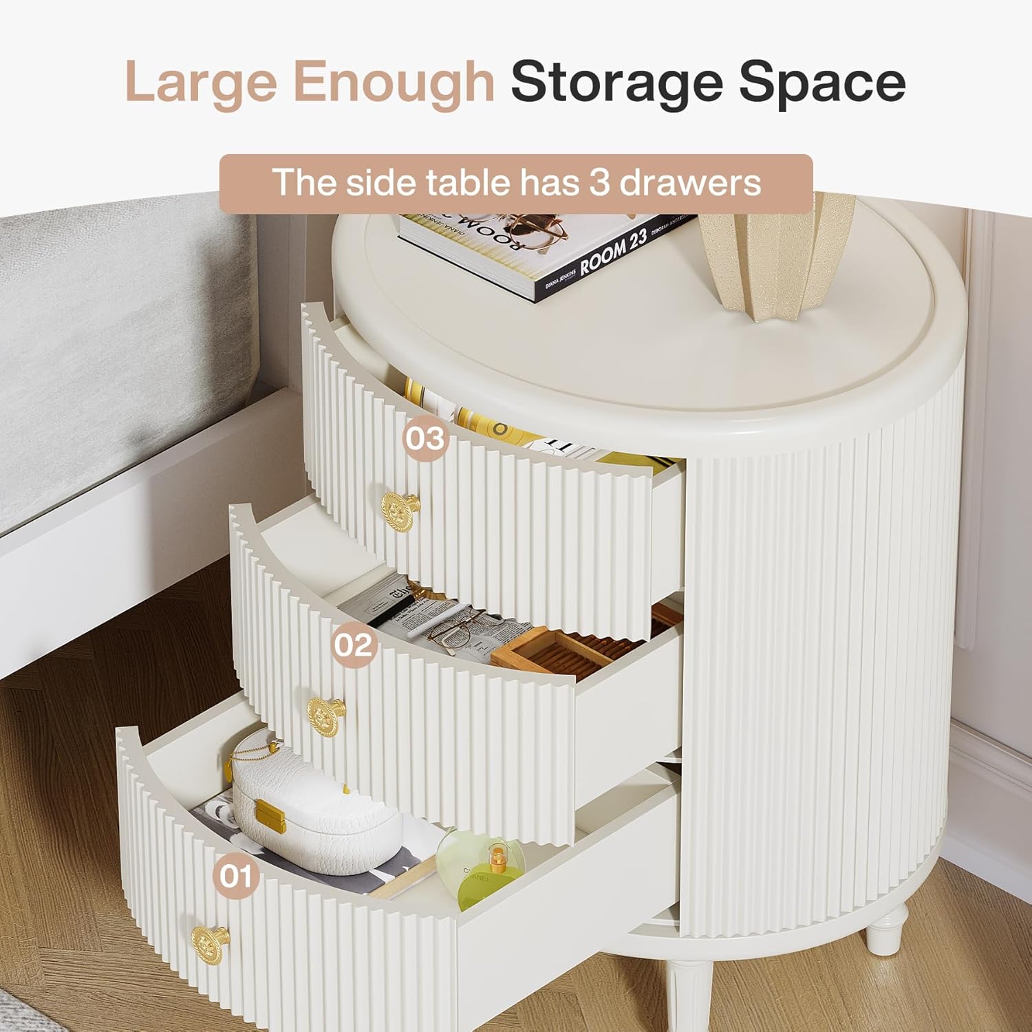 Modern Nightstand with 3 Drawers, Oval Bedside Table with Solid Wood Legs Tribesigns