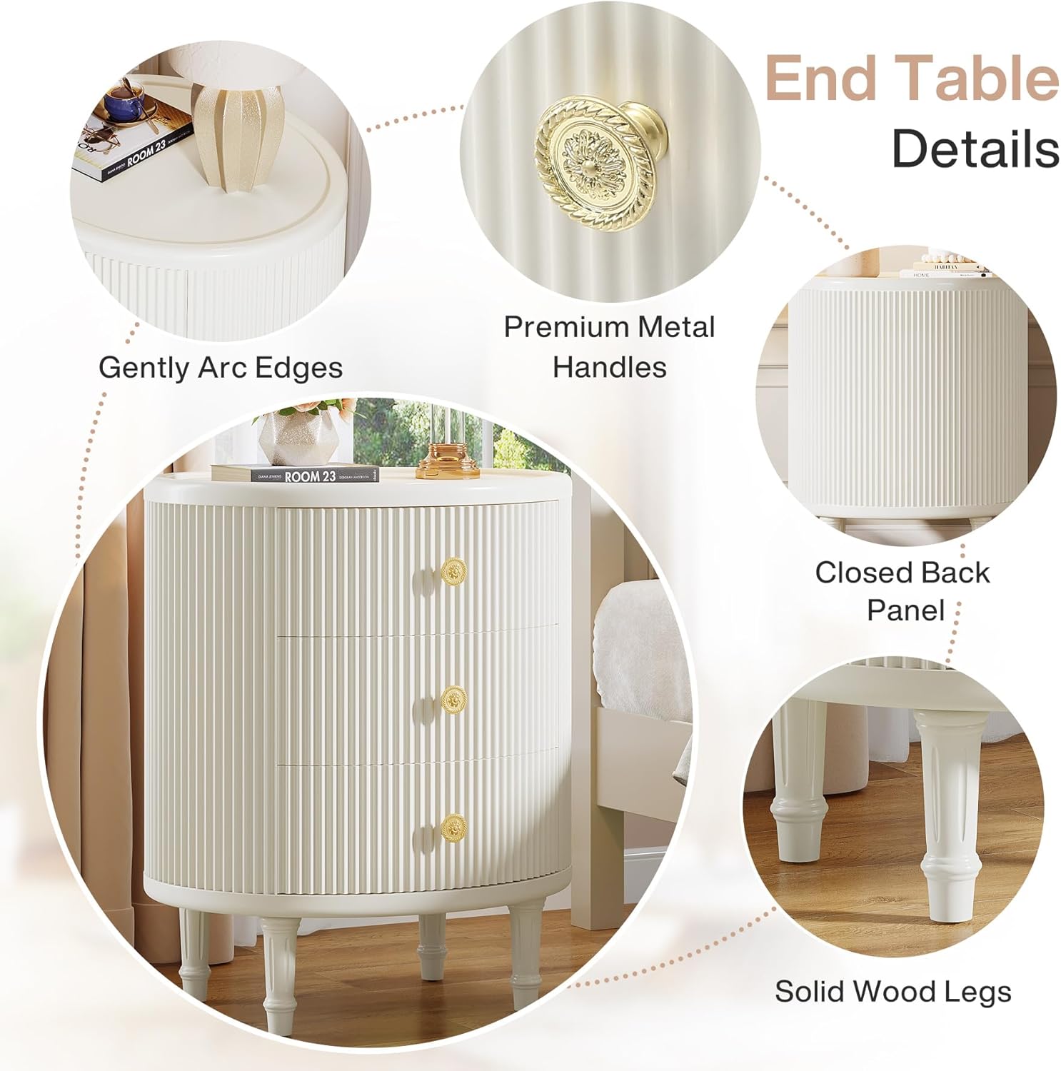 Modern Nightstand with 3 Drawers, Oval Bedside Table with Solid Wood Legs Tribesigns