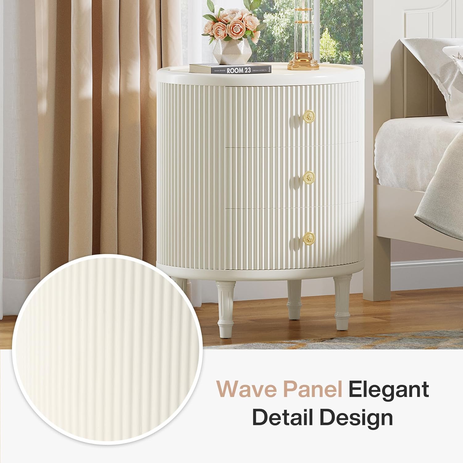 Modern Nightstand with 3 Drawers, Oval Bedside Table with Solid Wood Legs Tribesigns