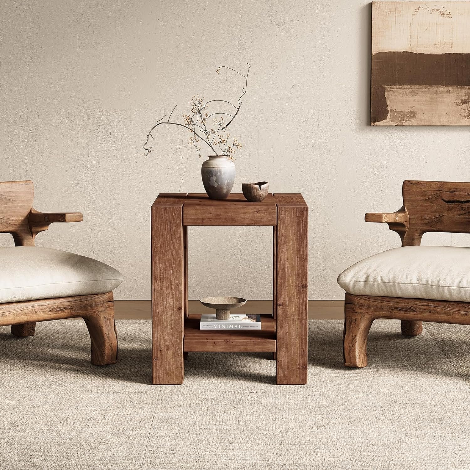 19.6" Farmhouse Side Table, Solid Wood 2-Tier End Table with Storage Shelves