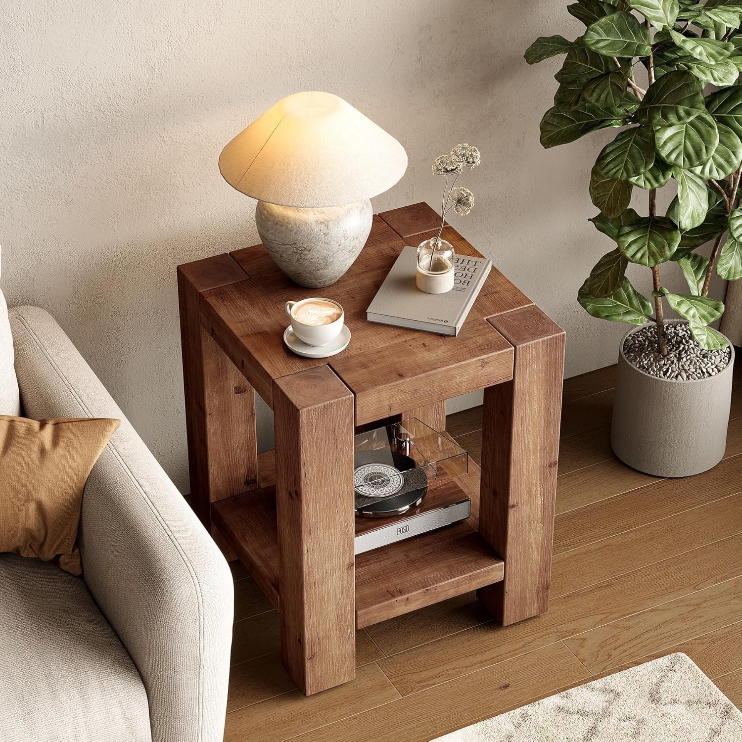19.6" Farmhouse Side Table, Solid Wood 2-Tier End Table with Storage Shelves