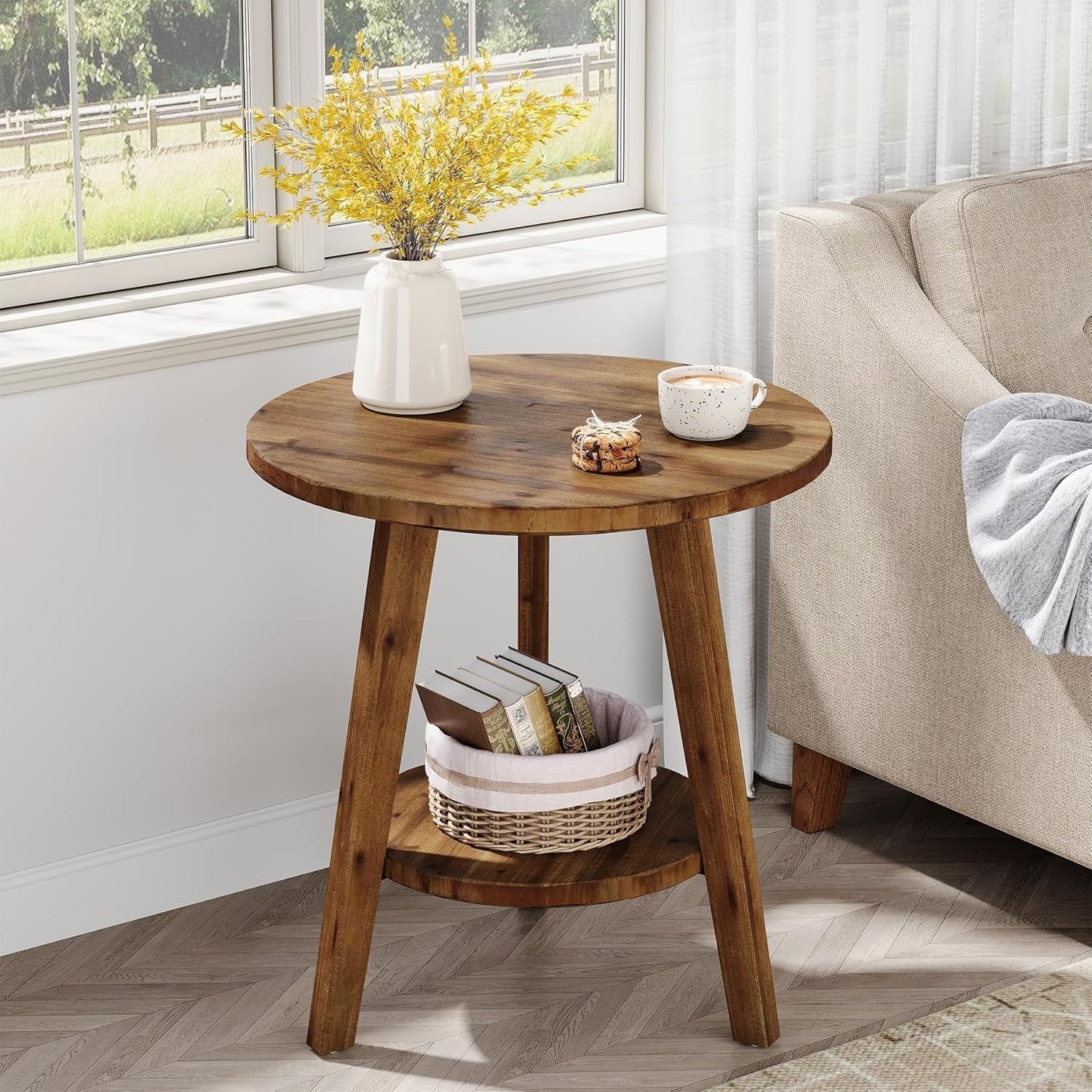 ミニオン【ON-U LIFE】ROUND SIDE TABLE Solid Wood Round End Table, Farmhouse Sofa Side Table with Storage