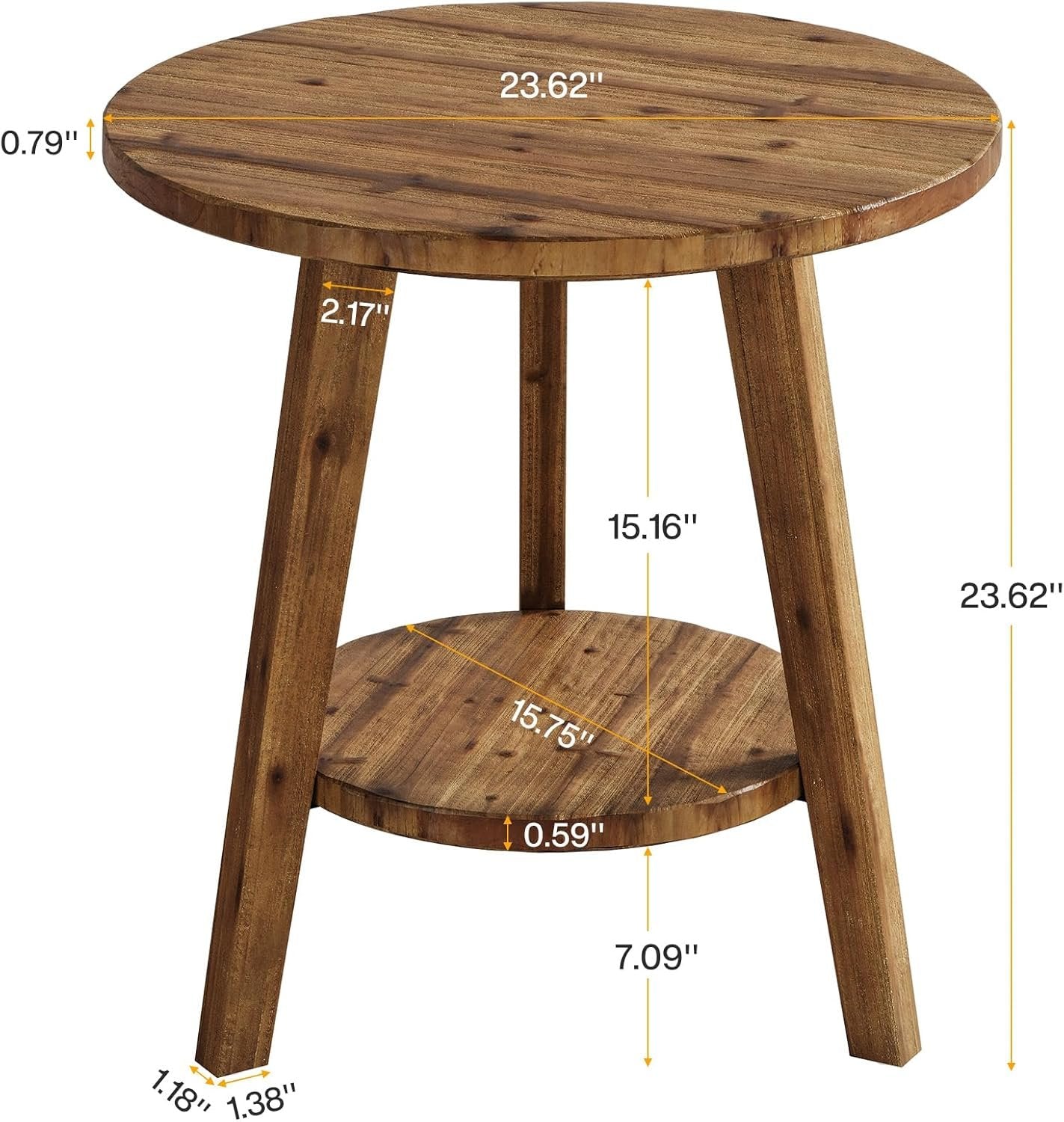Solid Wood Round End Table, Farmhouse Sofa Side Table with Storage Shelf