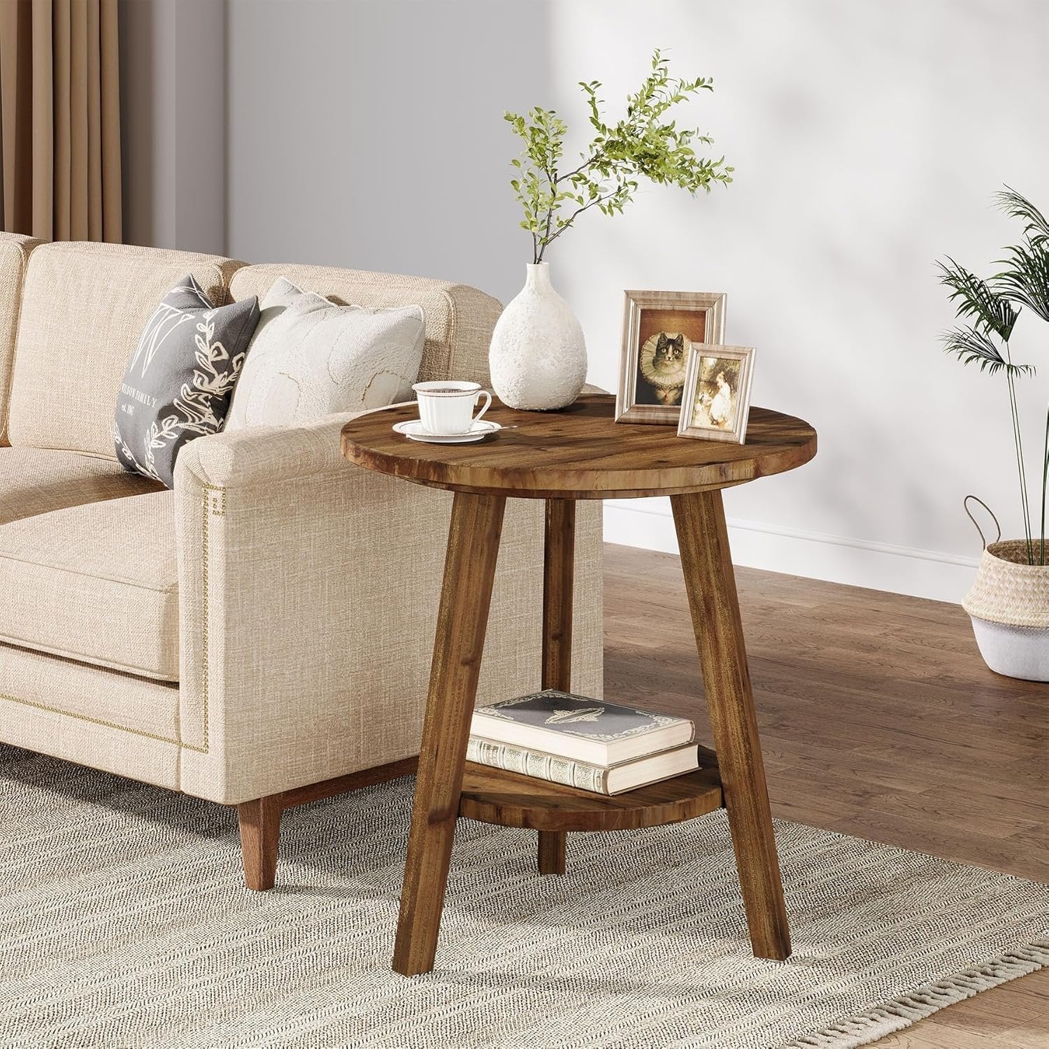 Solid Wood Round End Table, Farmhouse Sofa Side Table with Storage Shelf