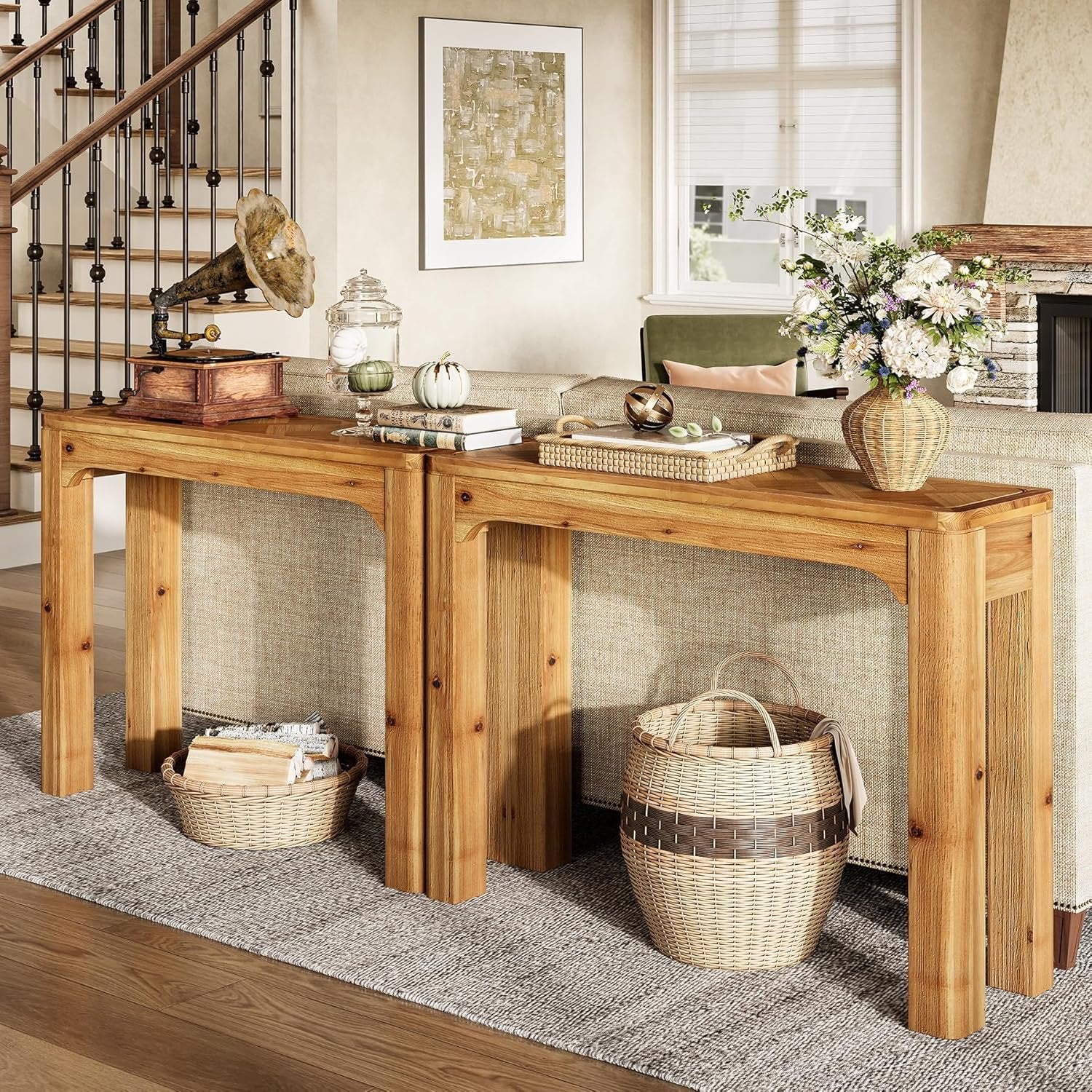 41.3" Wood Sofa Table, Farmhouse Entryway Console Table with Exquisite Parquet Top