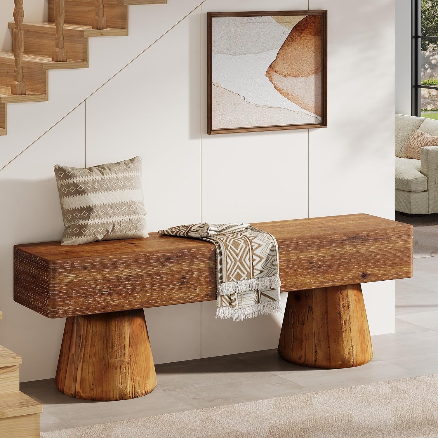 Solid Wood Entryway Shoe Bench, Farmhouse End of Bed Bench with Bucket Legs