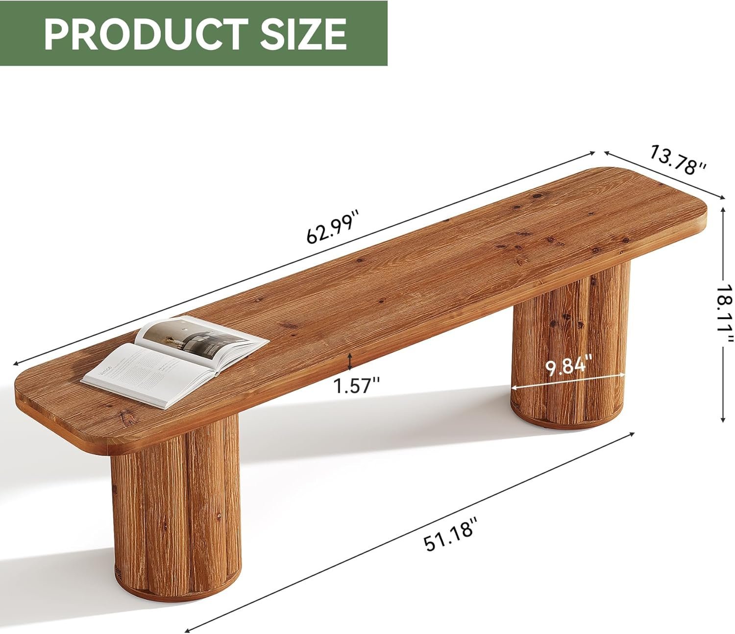 63" Solid Wood Dining Bench, Farmhouse Indoor Kitchen Table Bench Seat