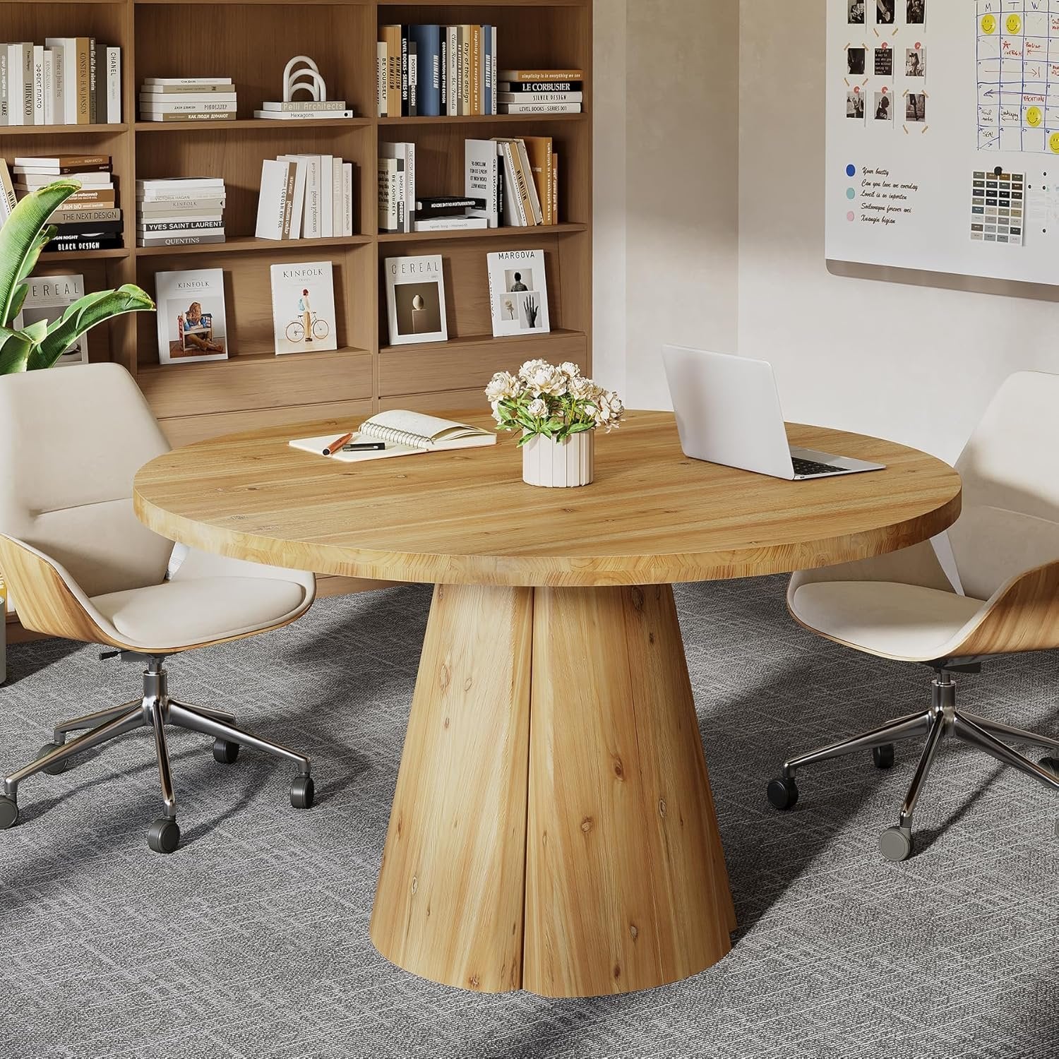 Solid Wood Conference Table, 47.24" Round Meeting Table for 4-6 People