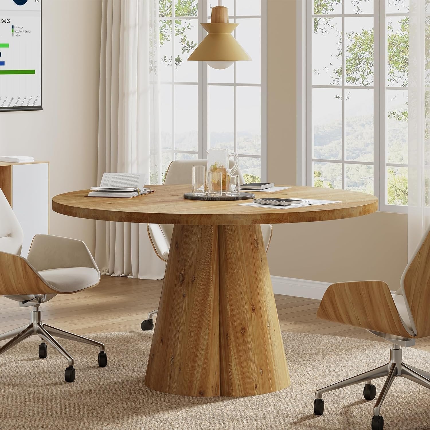 Solid Wood Conference Table, 47.24" Round Meeting Table for 4-6 People