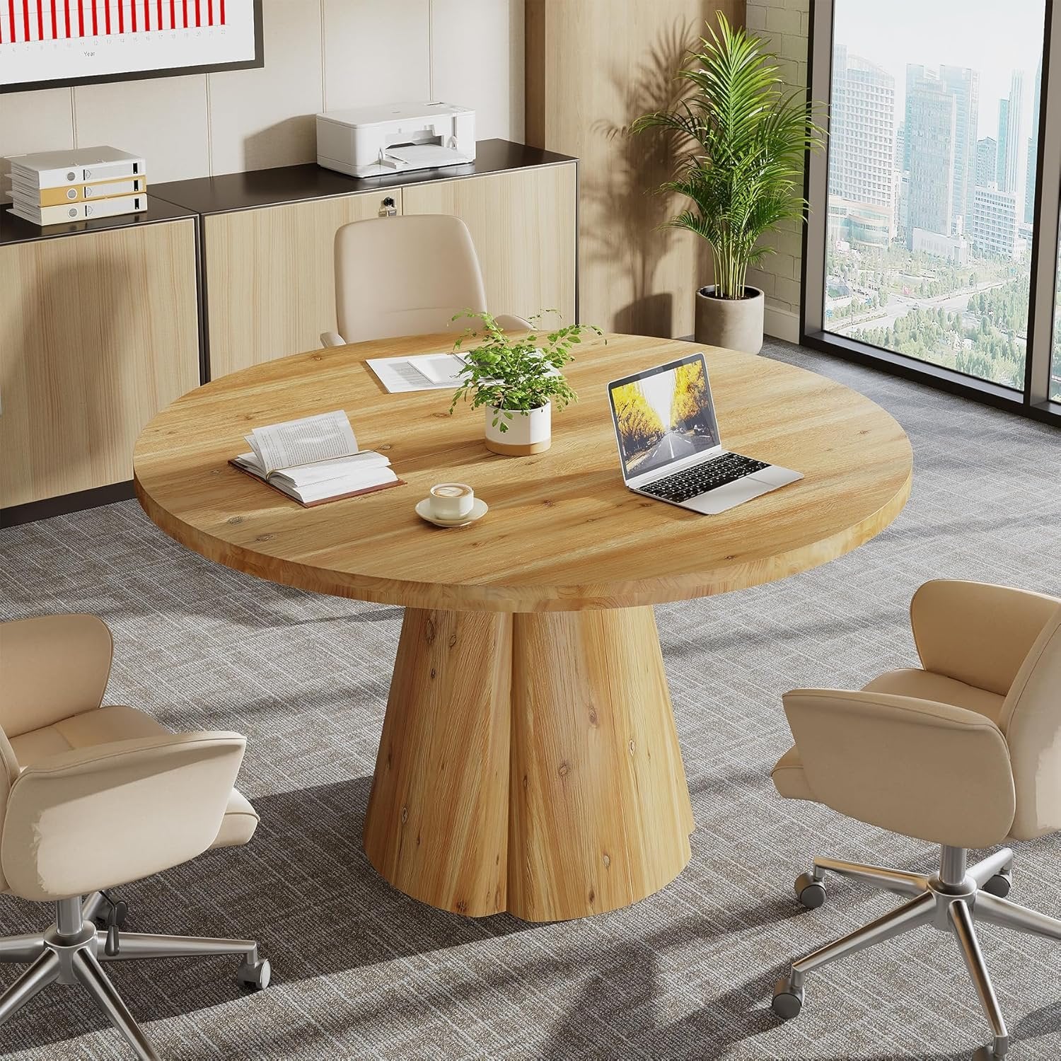 Solid Wood Conference Table, 47.24" Round Meeting Table for 4-6 People