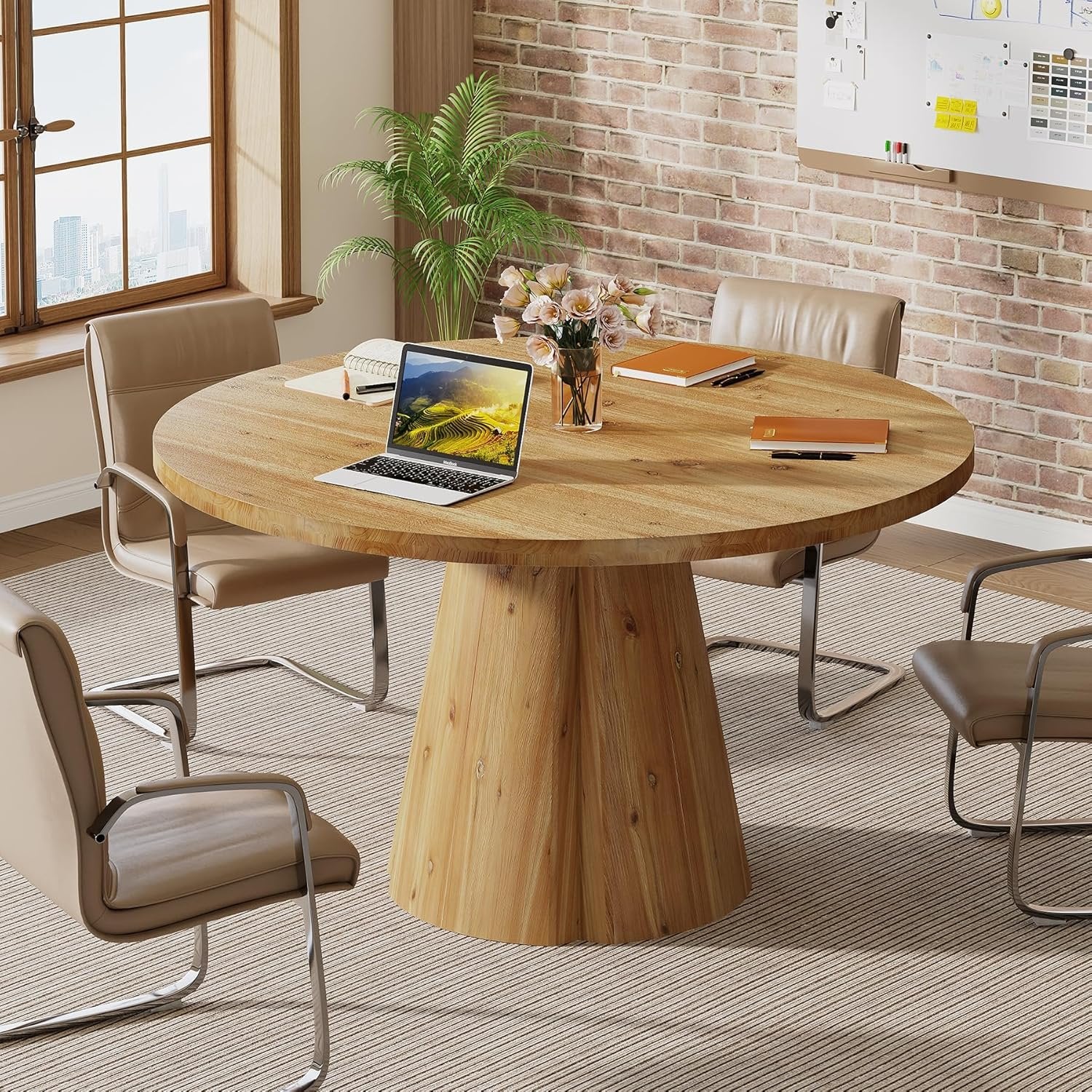 Solid Wood Conference Table, 47.24" Round Meeting Table for 4-6 People