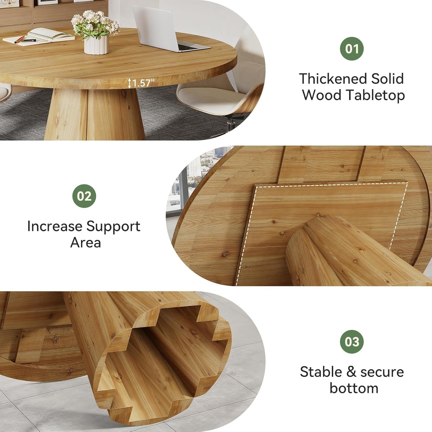 Solid Wood Conference Table, 47.24" Round Meeting Table for 4-6 People