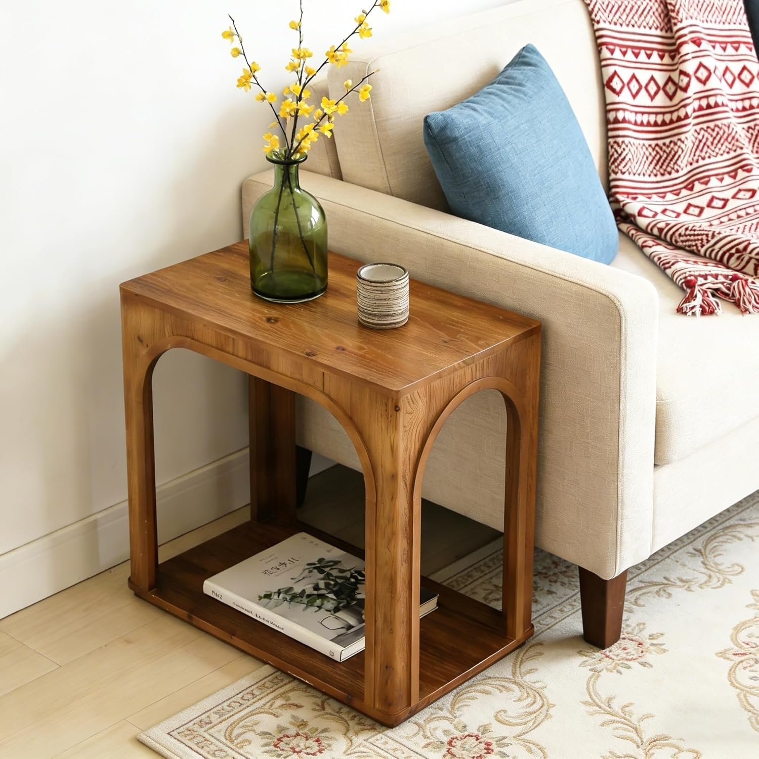 25" Farmhouse Side Table, 2-Tier Solid Wood End Table with Shelf