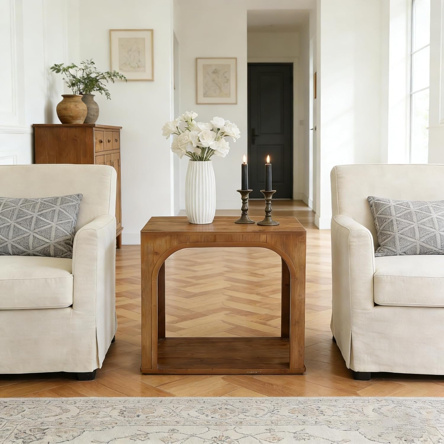 25" Farmhouse Side Table, 2-Tier Solid Wood End Table with Shelf