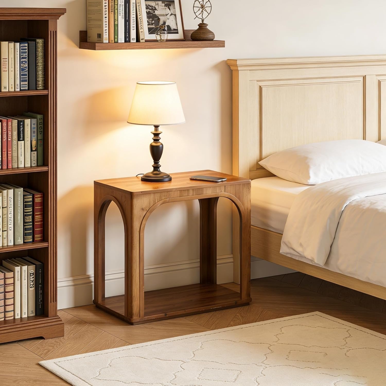 25" Farmhouse Side Table, 2-Tier Solid Wood End Table with Shelf