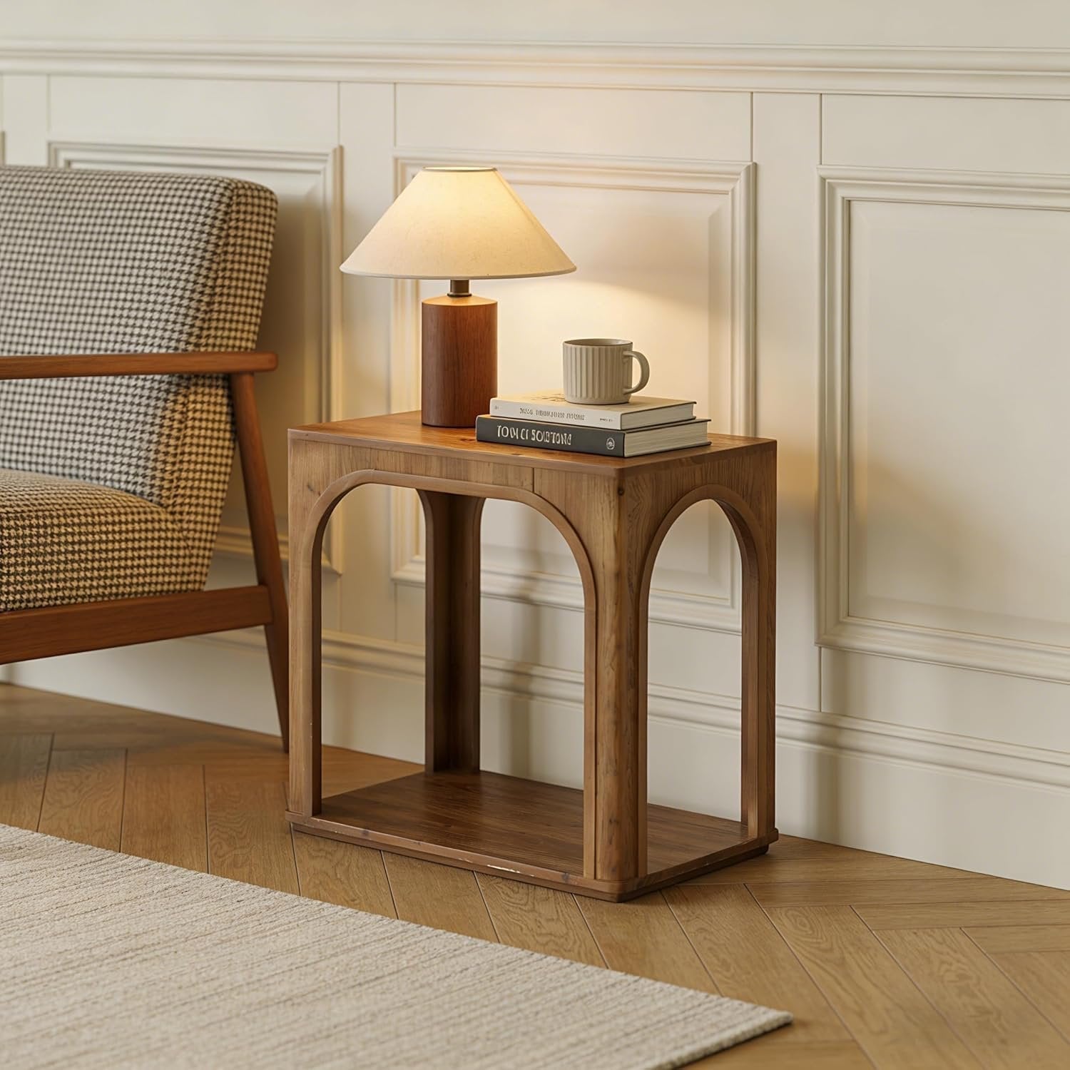 25" Farmhouse Side Table, 2-Tier Solid Wood End Table with Shelf