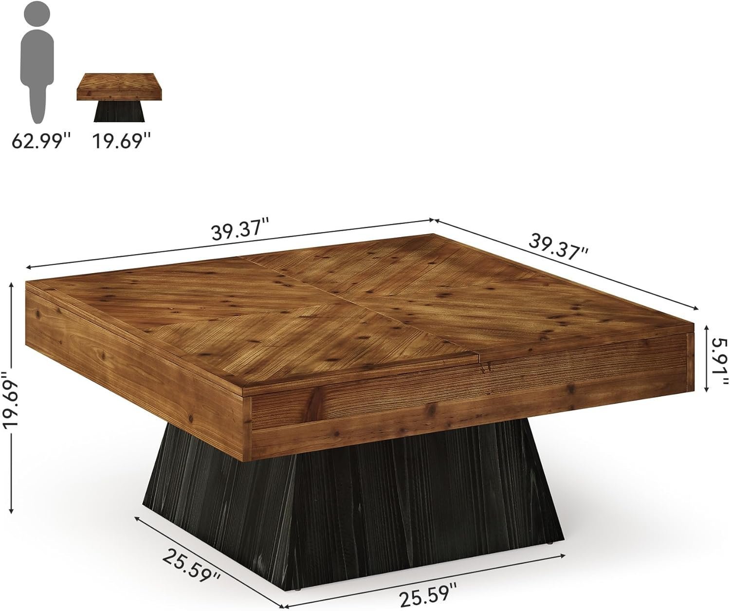 Solid Wood Square Coffee Table, 39.4" Center Cocktail Table with Geometric Base