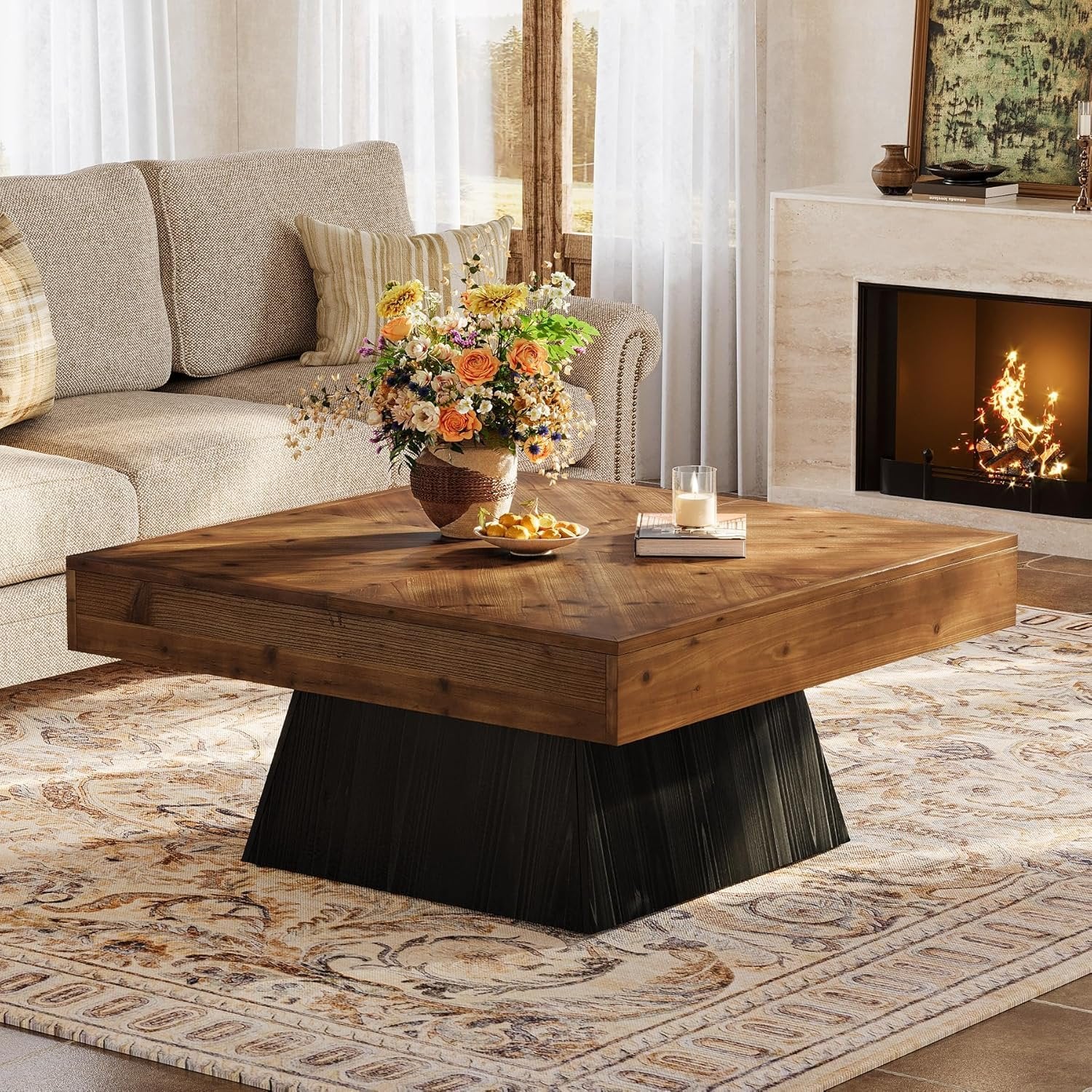 Solid Wood Square Coffee Table, 39.4" Center Cocktail Table with Geometric Base
