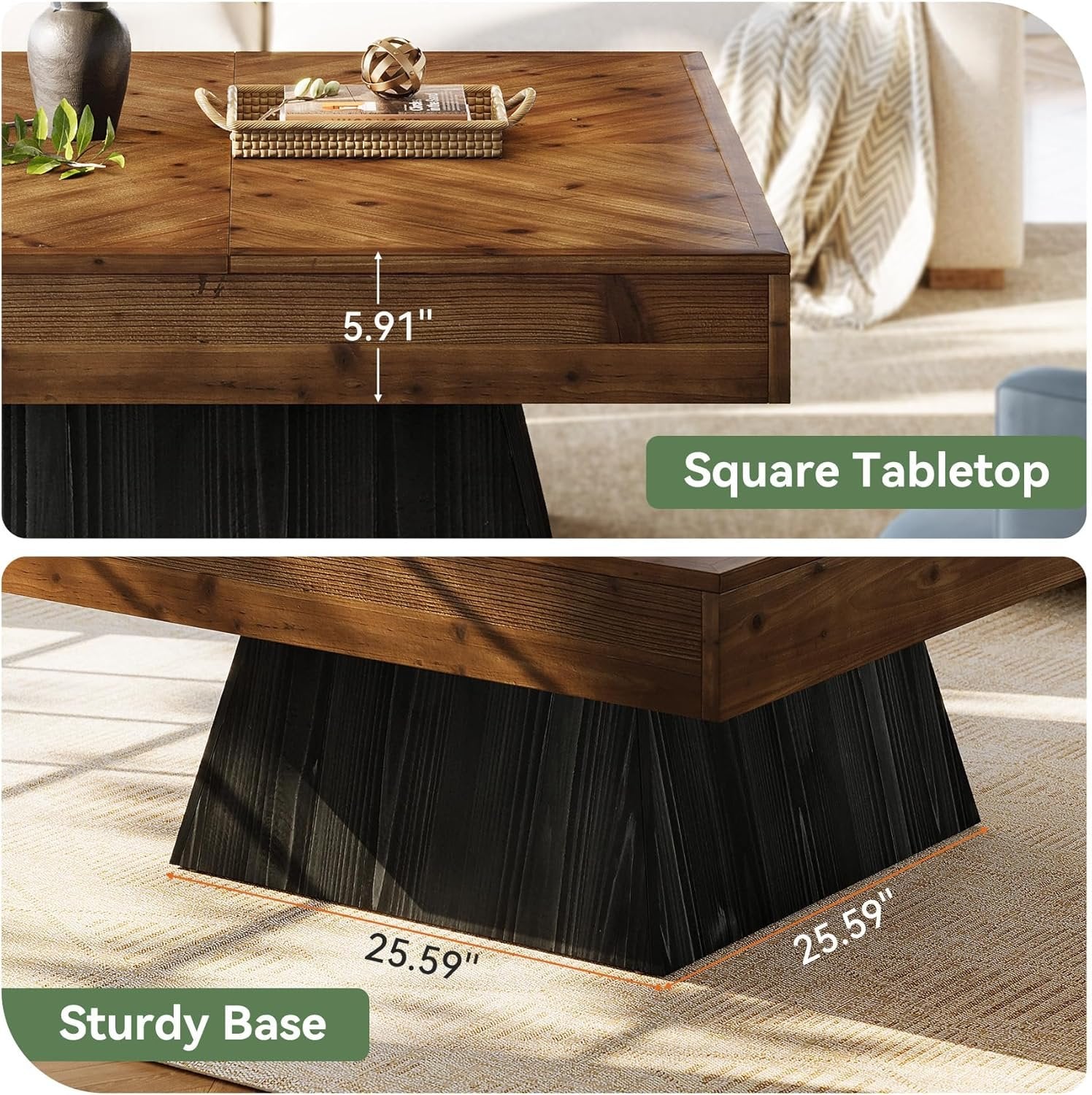 Solid Wood Square Coffee Table, 39.4" Center Cocktail Table with Geometric Base