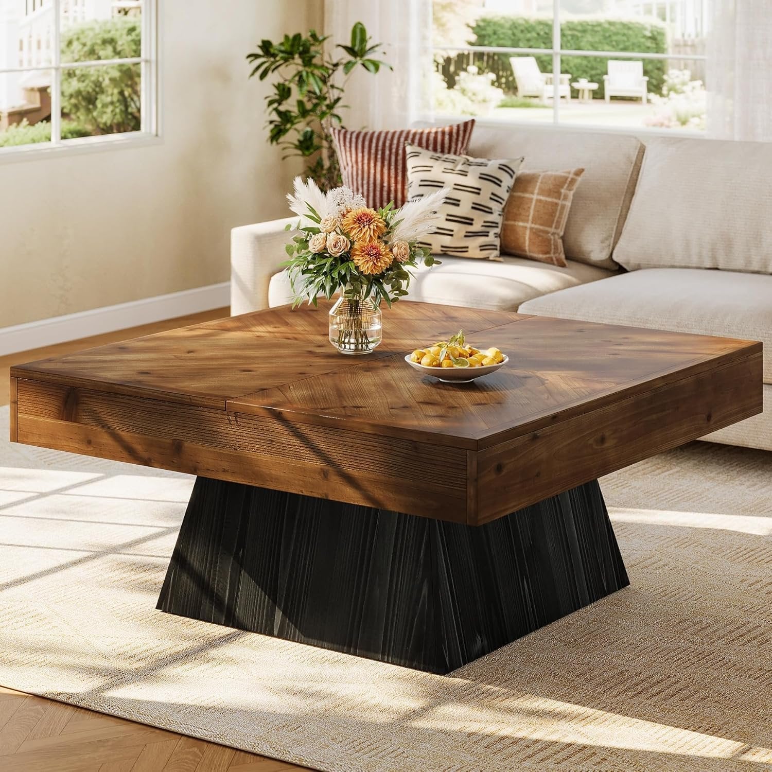 Solid Wood Square Coffee Table, 39.4" Center Cocktail Table with Geometric Base